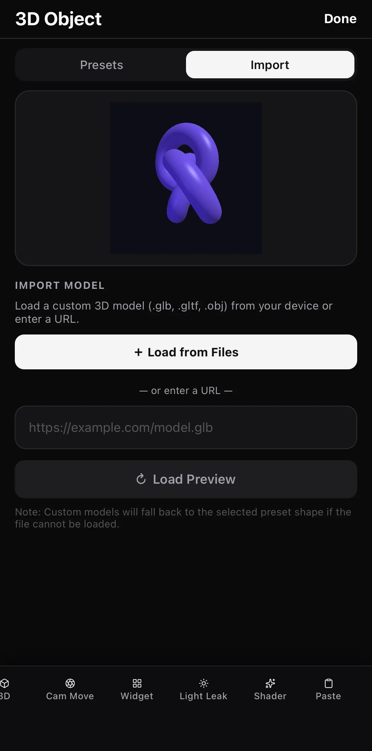 The 3D Object picker's Import tab: the preview, an Import Model section explaining .glb, .gltf and .obj, a + Load from Files button, an https://example.com/model.glb URL field with Load Preview, and a note that custom models fall back to the selected preset if they cannot load.