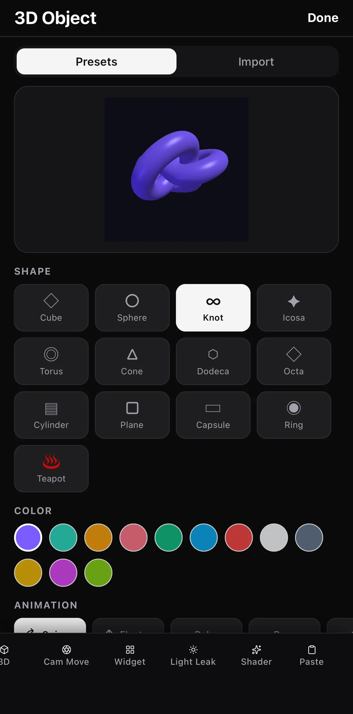 The 3D Object picker on the Presets tab: a live preview of a purple knot, a Shape grid — Cube, Sphere, Knot (selected), Icosa, Torus, Cone, Dodeca, Octa, Cylinder, Plane, Capsule, Ring, Teapot — a Color row of eleven swatches, and an Animation row starting with Spin.