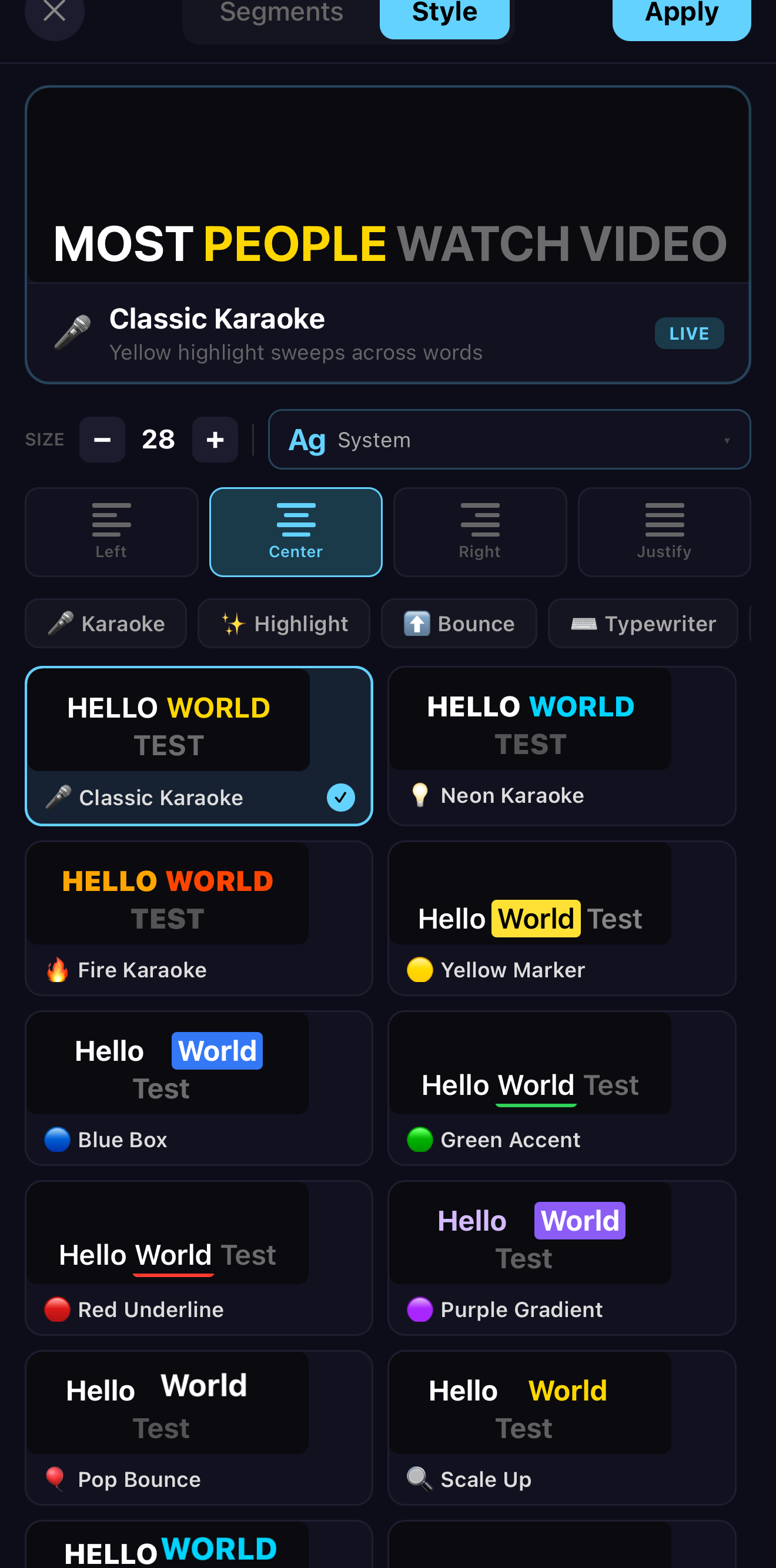 Caption style picker showing the transcribed words previewed with styles like Classic Karaoke, Neon, Yellow Marker, Blue Box and Purple Gradient