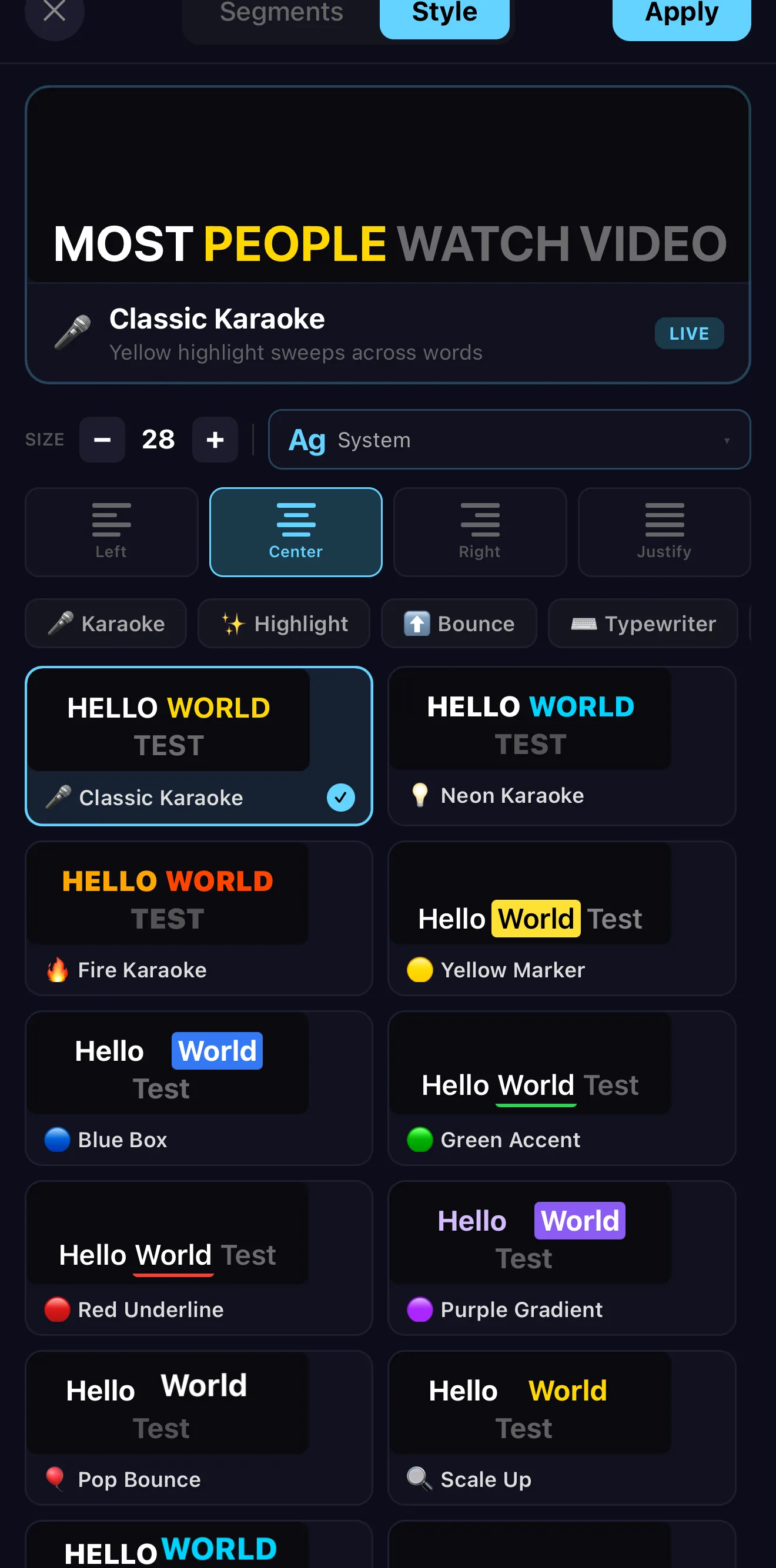 Caption style picker showing the transcribed words previewed with styles like Classic Karaoke, Neon, Yellow Marker, Blue Box and Purple Gradient