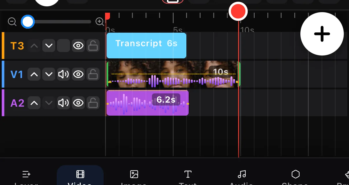 The timeline after Apply: a Transcript 6s layer on row T3 above the video on V1 and the voiceover on A2.