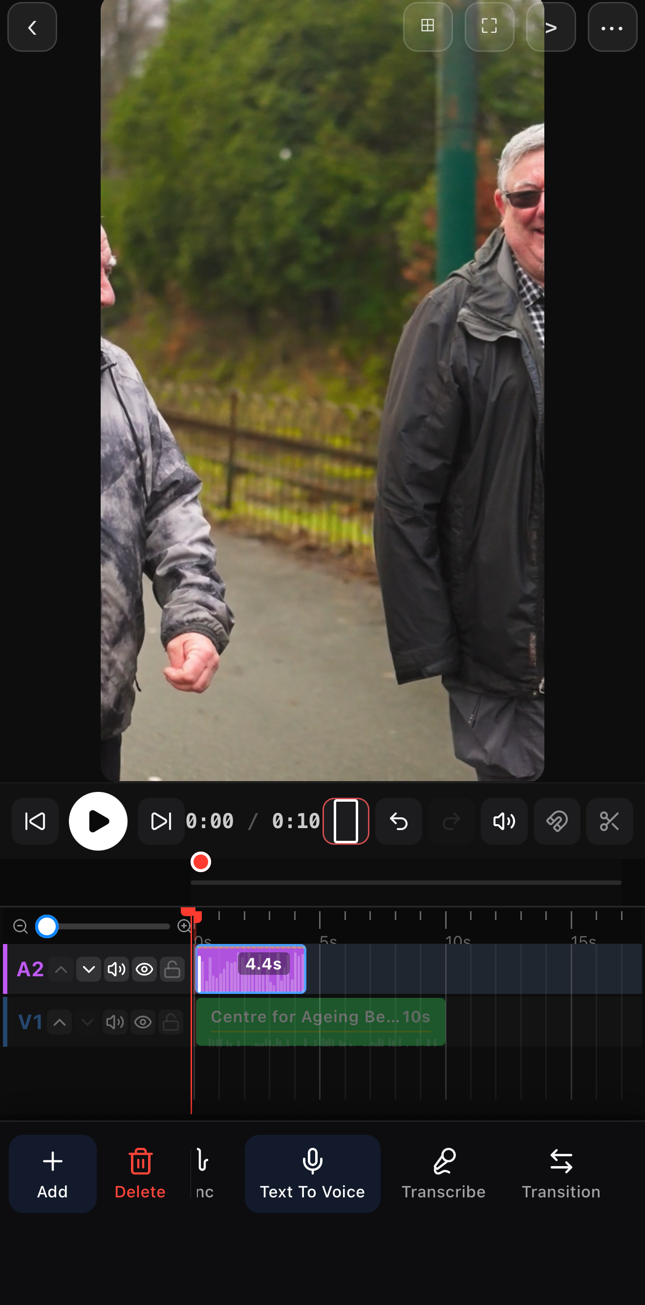 A voiceover clip selected on the timeline with a Transcribe button in the audio toolbar