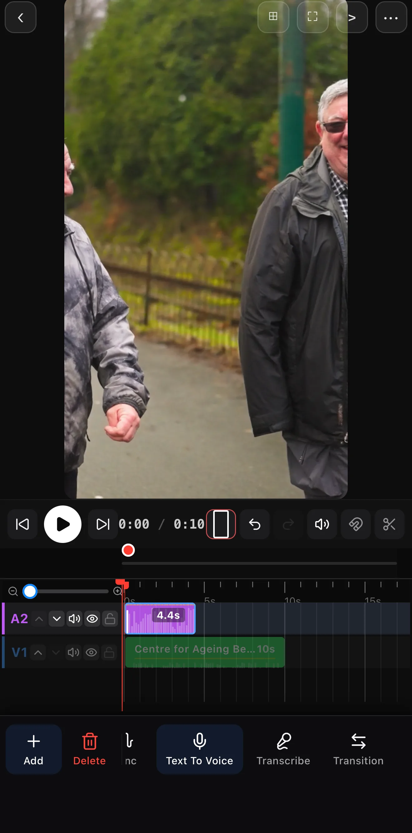 A voiceover clip selected on the timeline with a Transcribe button in the audio toolbar
