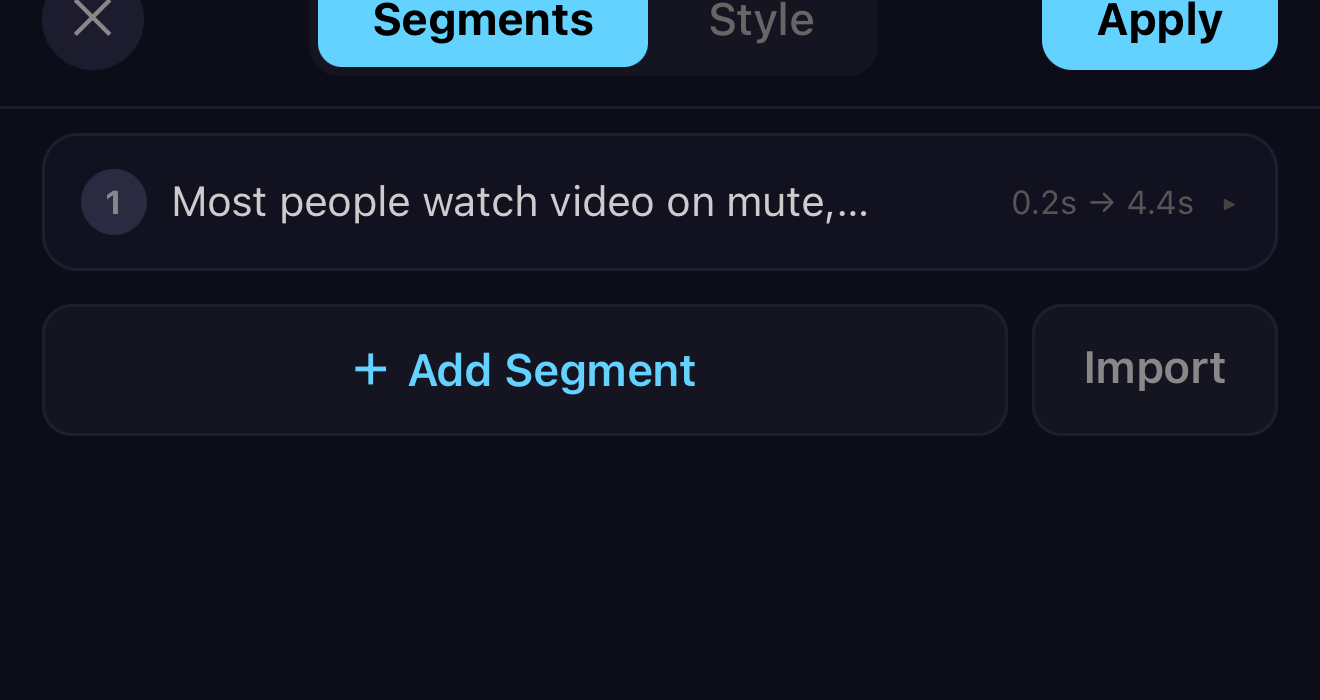 The generated transcript shown as a timed segment reading Most people watch video on mute with a 0.2 to 4.4 second timestamp