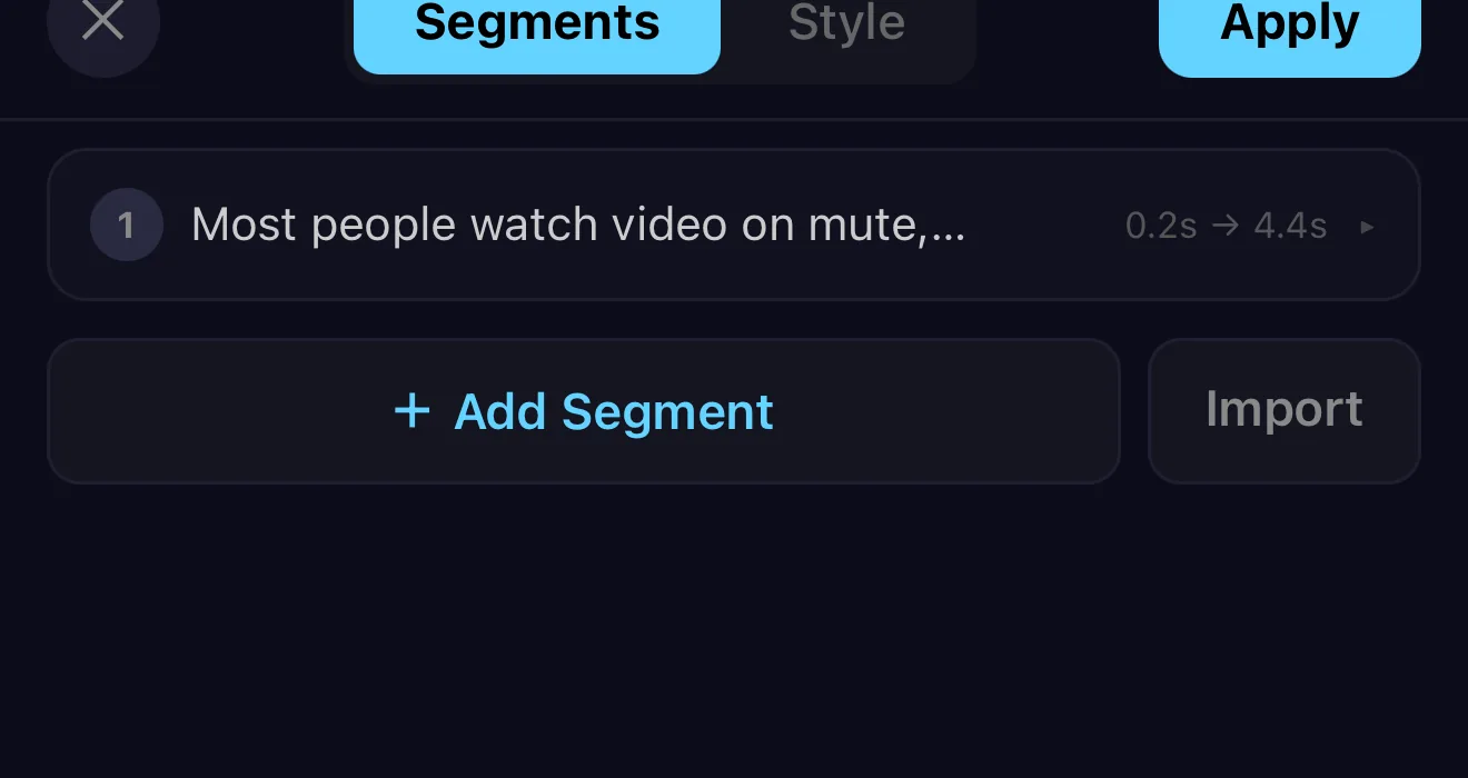 The generated transcript shown as a timed segment reading Most people watch video on mute with a 0.2 to 4.4 second timestamp