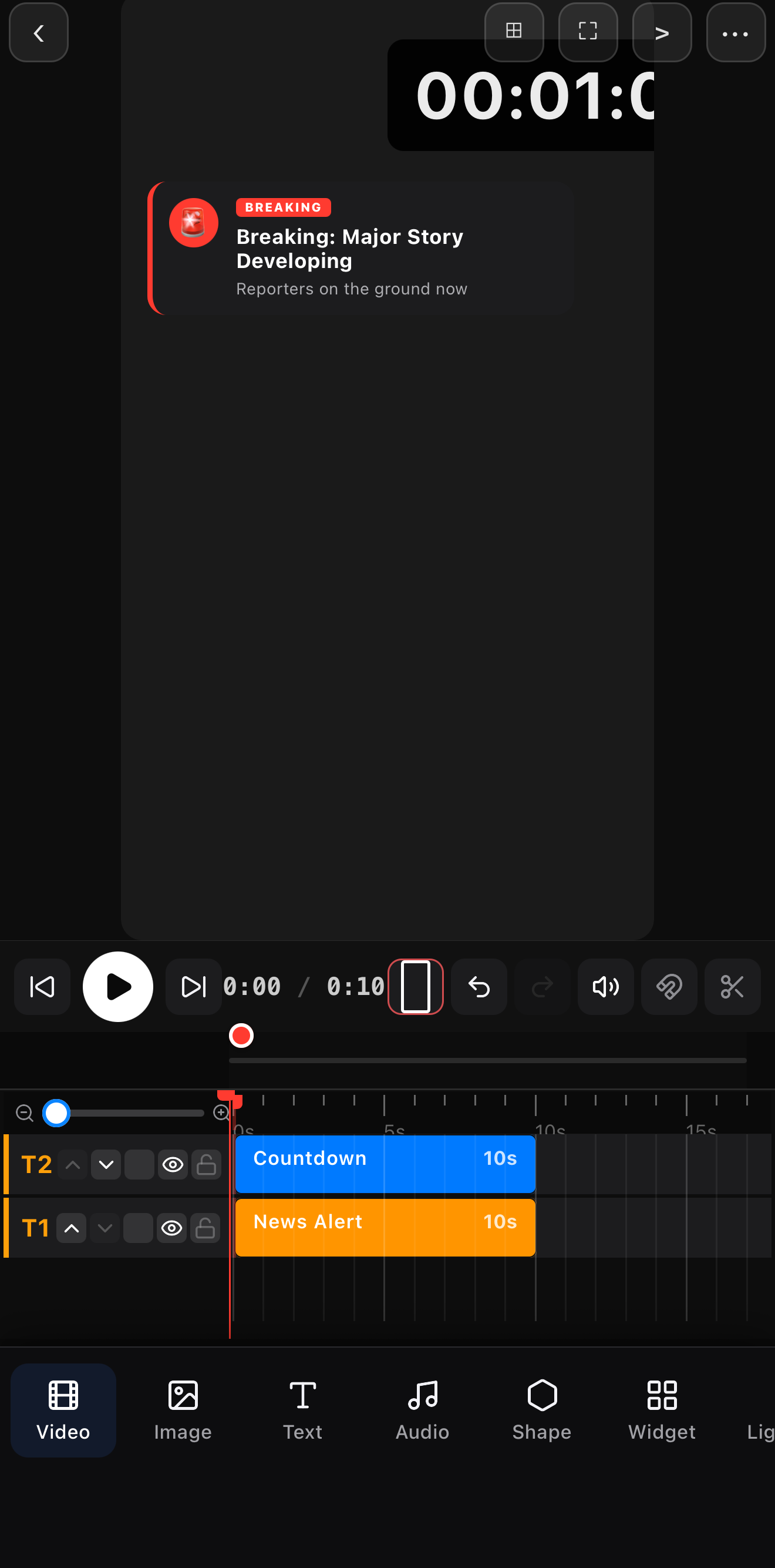 A countdown timer reading 00:01 live on the canvas, with a Countdown clip on its own timeline track