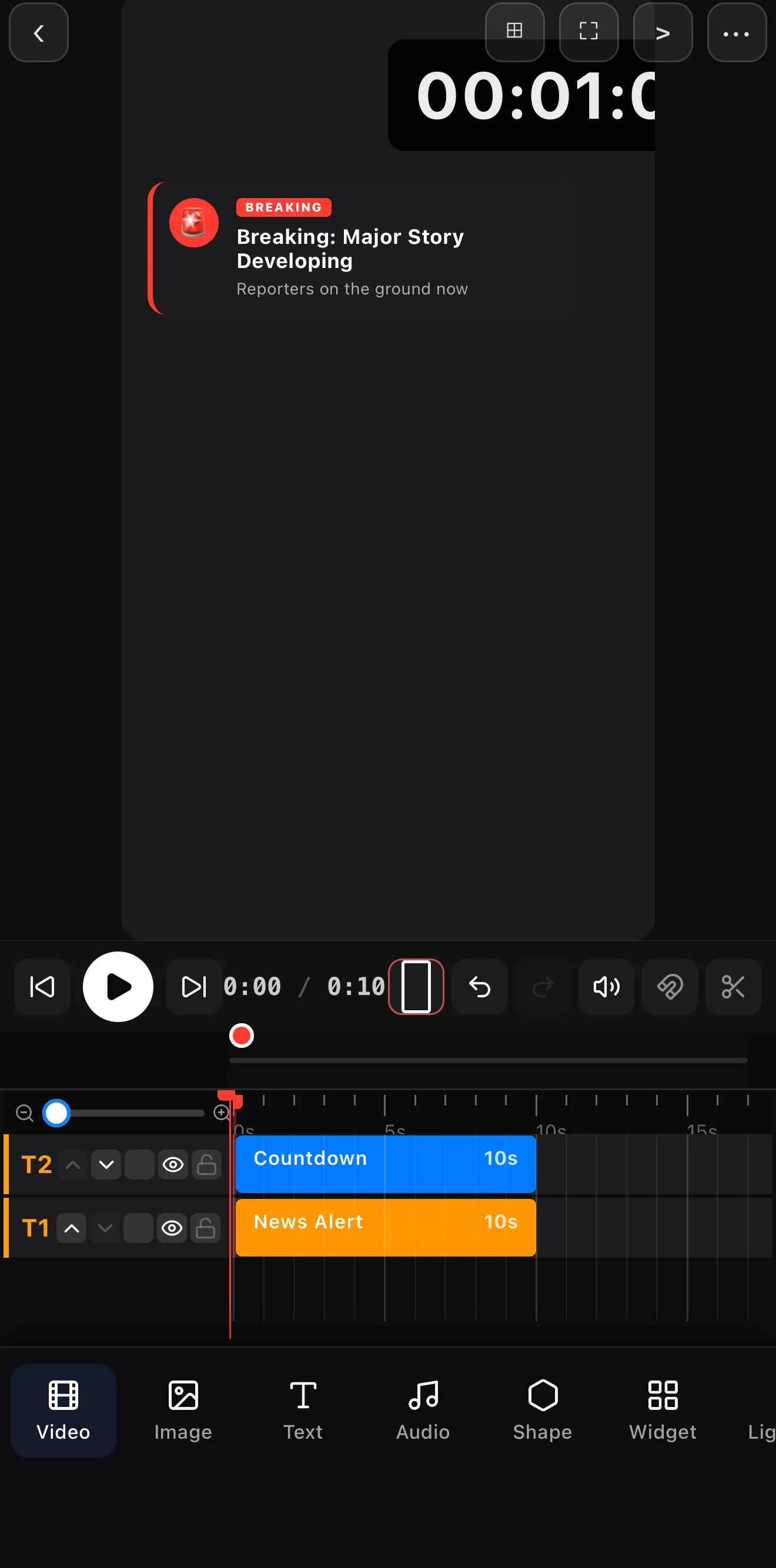 A countdown timer reading 00:01 live on the canvas, with a Countdown clip on its own timeline track