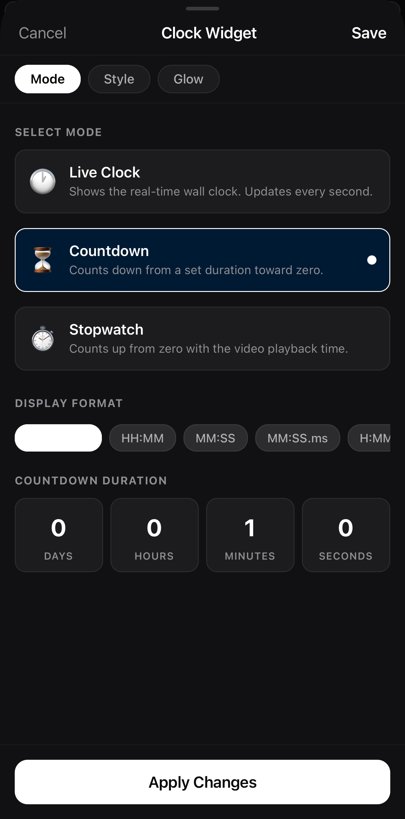 The countdown widget settings with Live Clock, Countdown and Stopwatch modes, a display-format row and day/hour/minute/second duration pickers