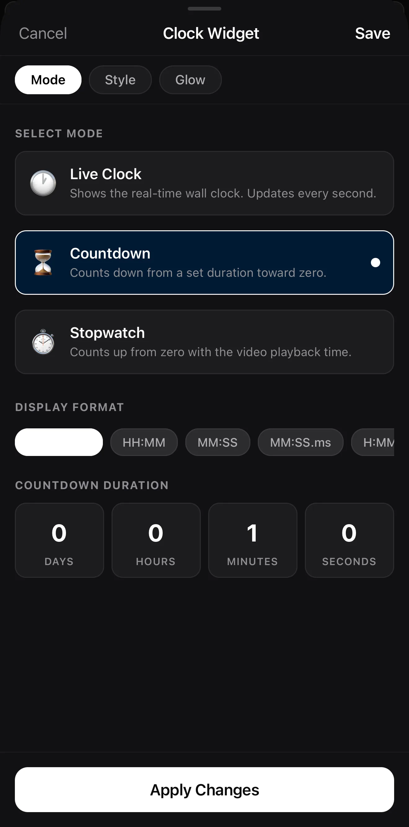 The countdown widget settings with Live Clock, Countdown and Stopwatch modes, a display-format row and day/hour/minute/second duration pickers