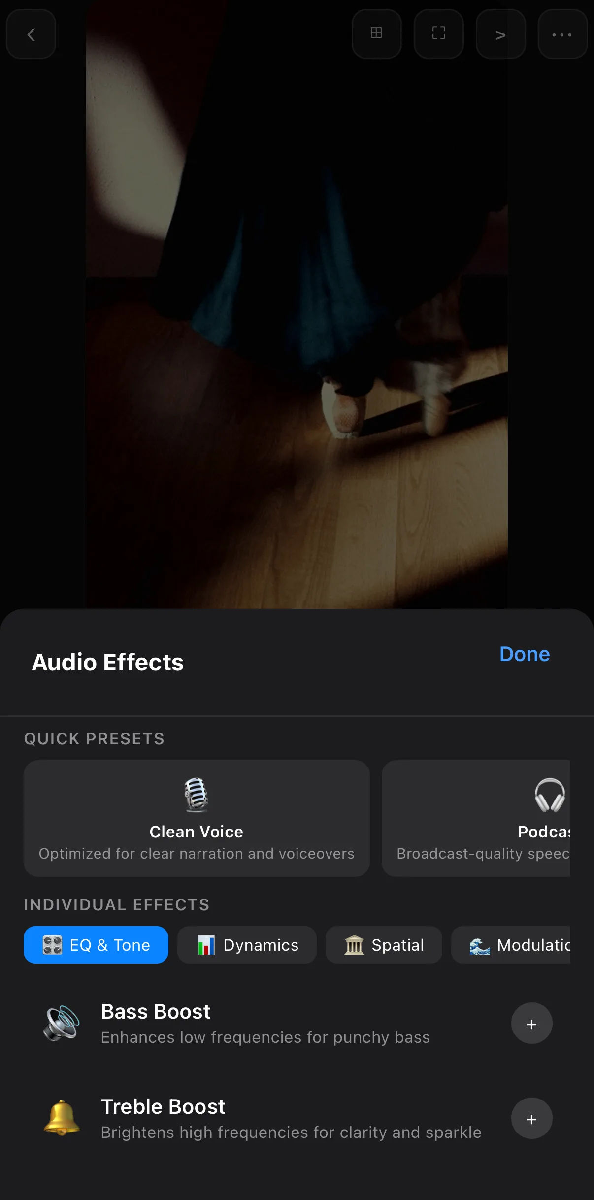 The Audio Effects sheet with Quick Presets (Clean Voice, Podcast) and Individual Effects tabs EQ & Tone, Dynamics, Spatial, Modulation, listing Bass Boost and Treble Boost