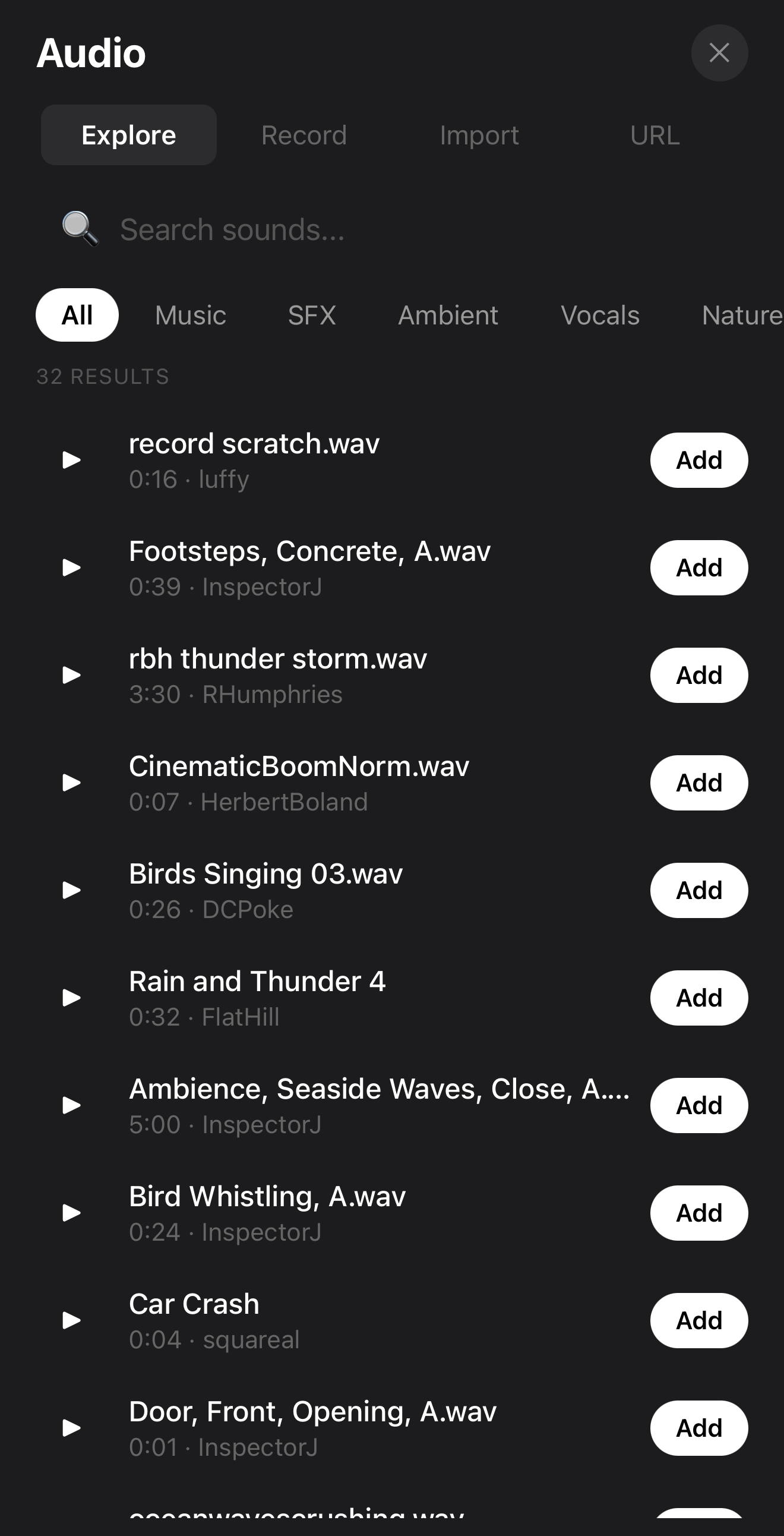 The built-in audio library in the ExpoCut mobile video editor with music and sound-effect categories