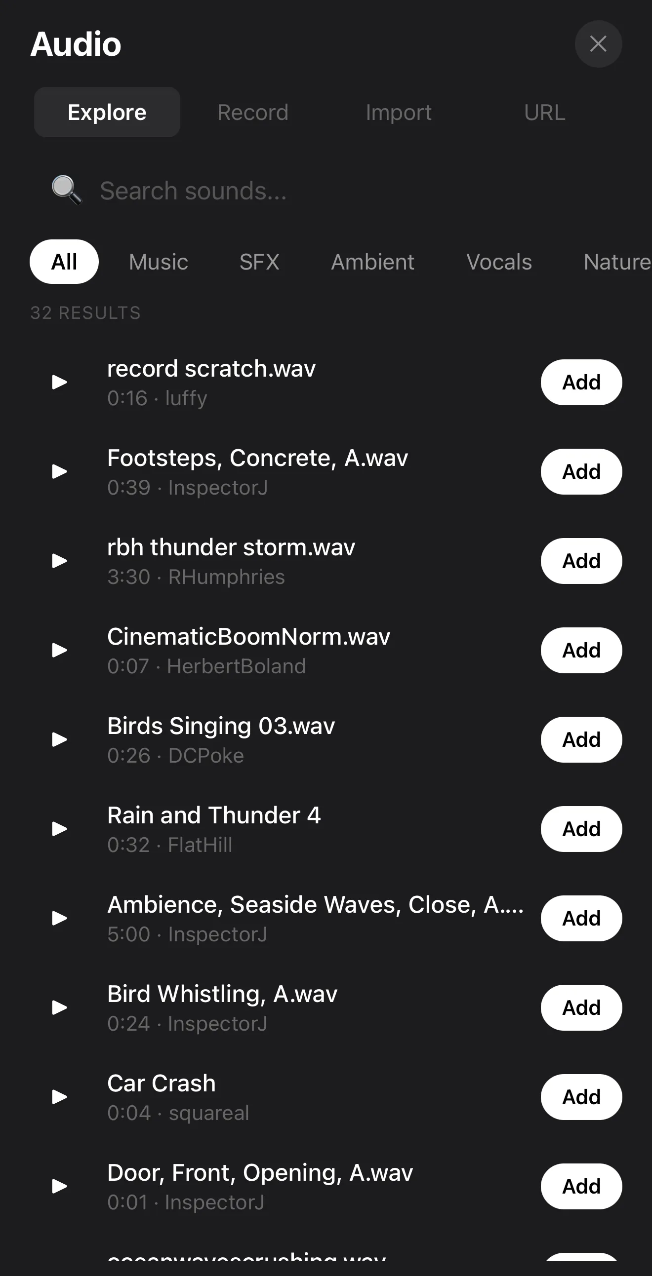 The built-in audio library in the ExpoCut mobile video editor with music and sound-effect categories
