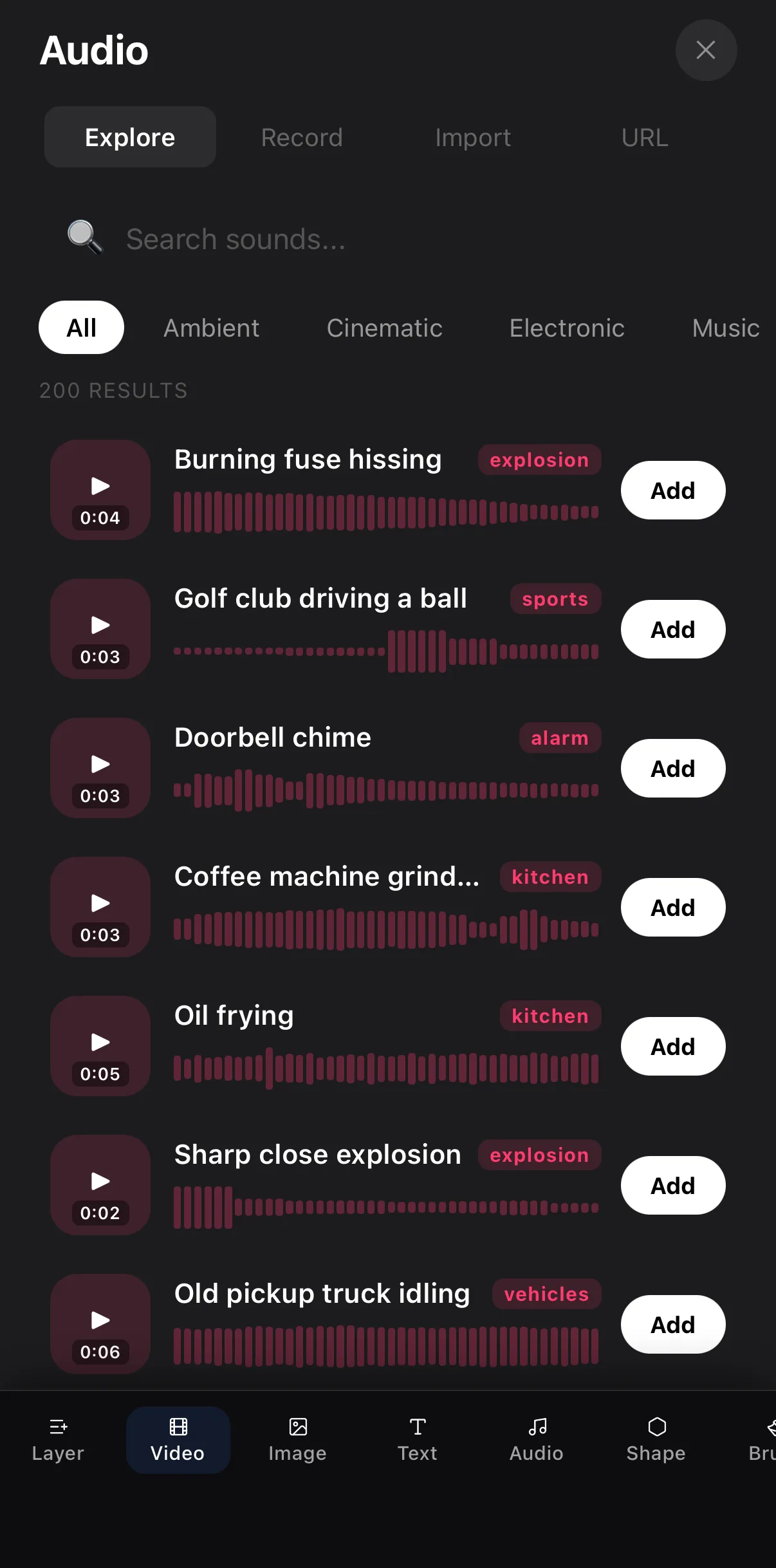 The Audio tray on the Explore tab: a search field, category chips and 200 results with waveform previews, a play button and an Add button per row
