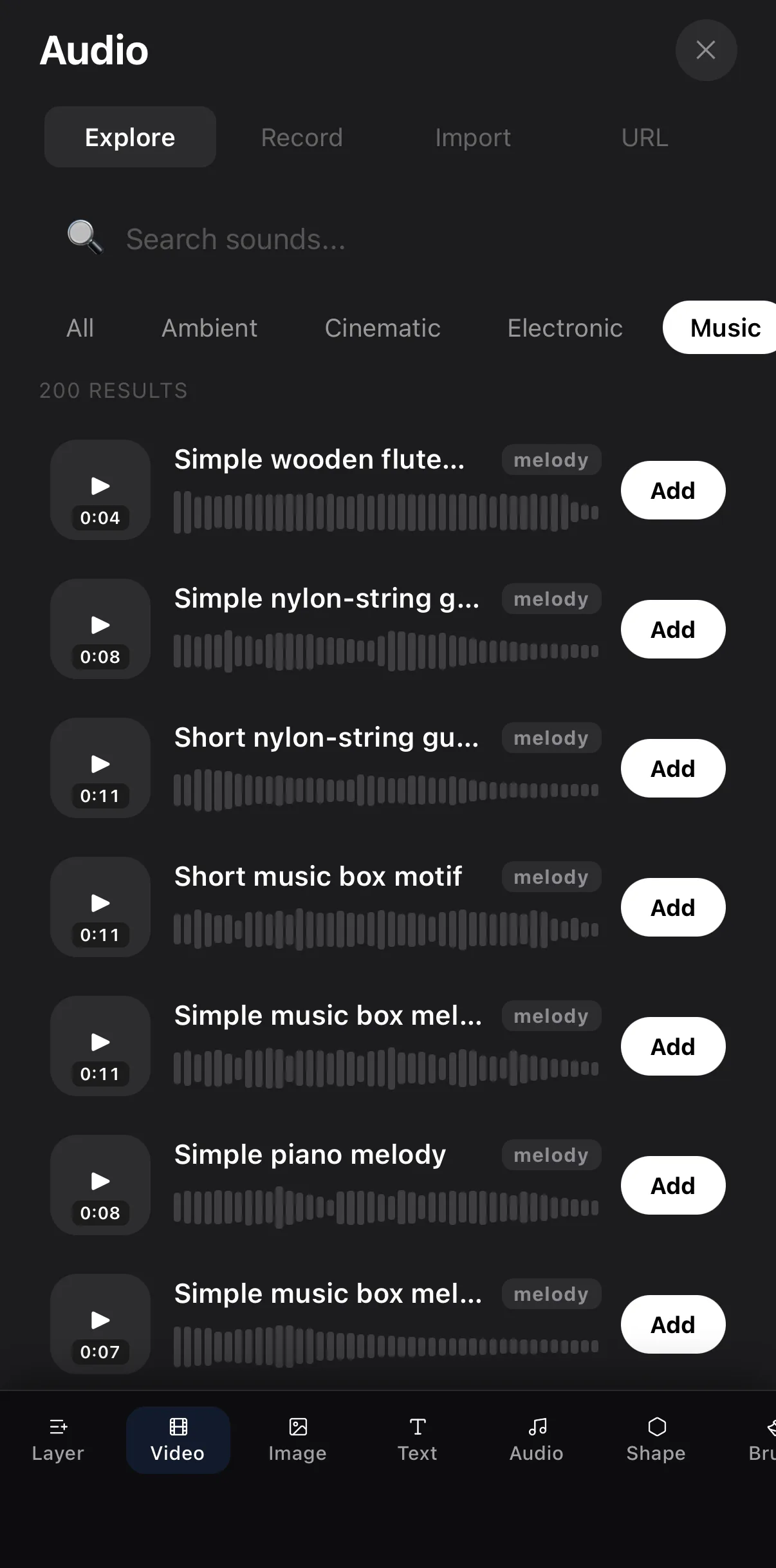 The Explore tab filtered to Music: Simple wooden flute, Simple nylon-string guitar, Short music box motif, Simple piano melody and more