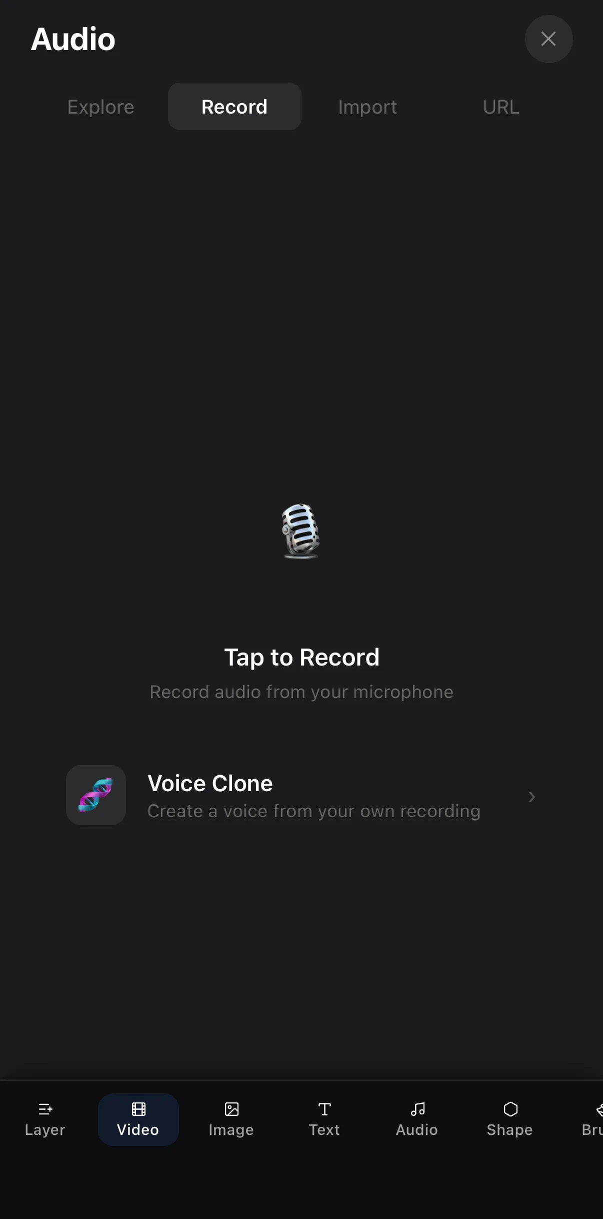 The Record tab: Tap to Record from the microphone, and a Voice Clone row