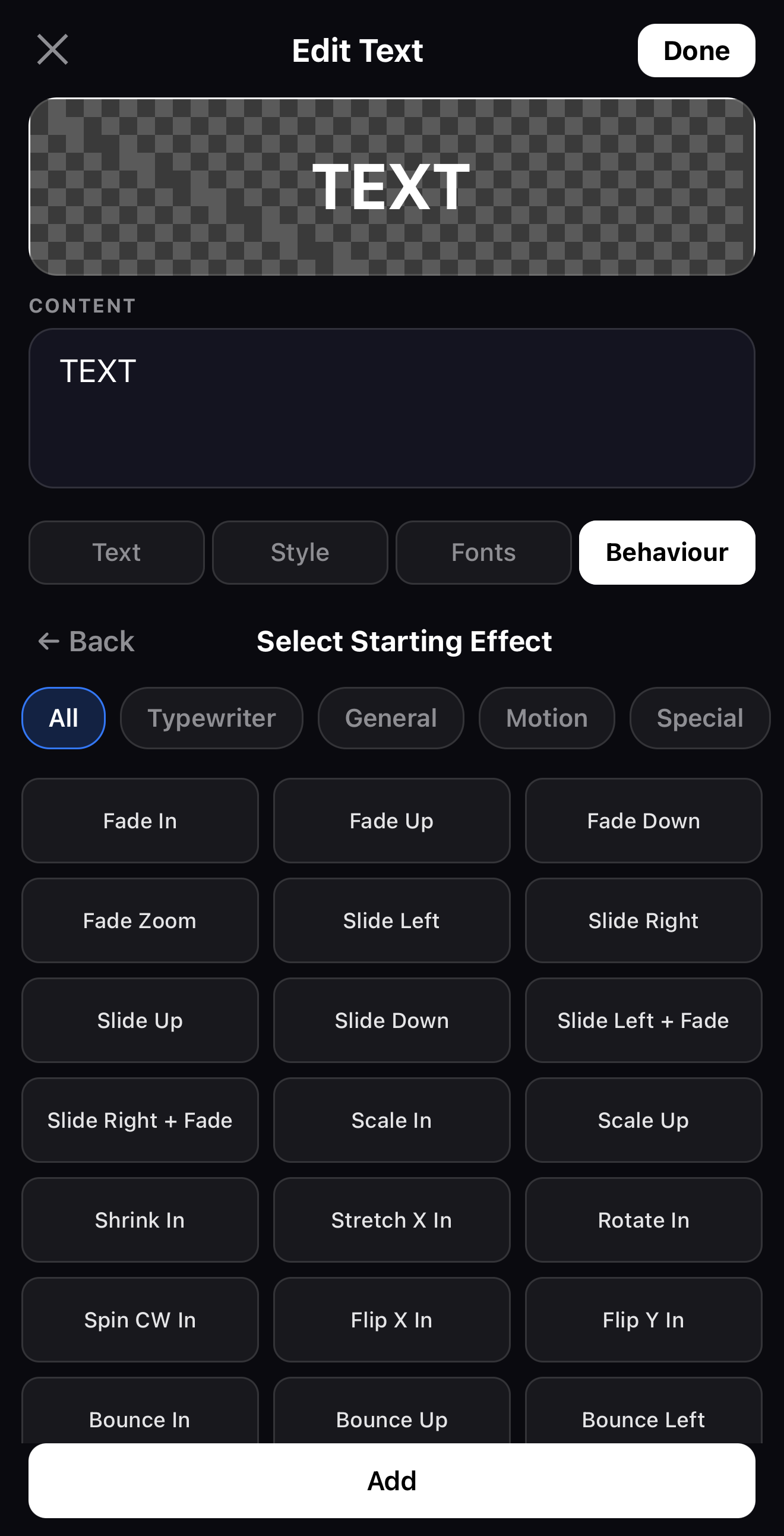 The entrance animation picker in the ExpoCut mobile video editor with Fade, Slide, Scale and Bounce options