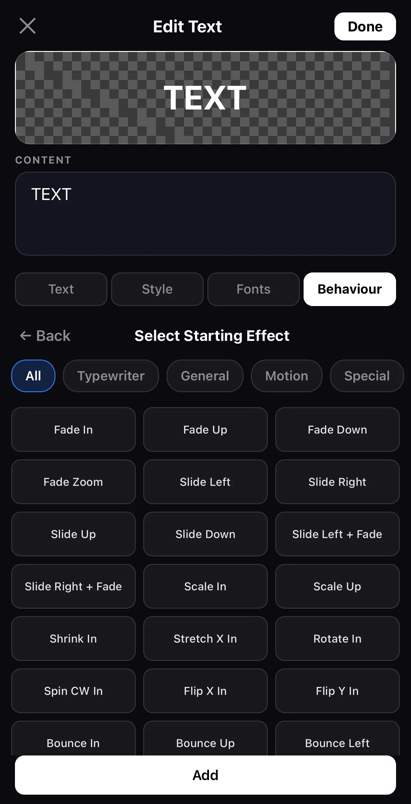 The entrance animation picker in the ExpoCut mobile video editor with Fade, Slide, Scale and Bounce options