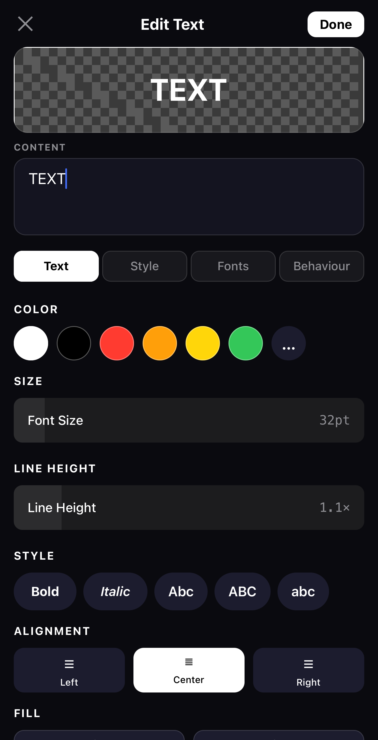 The Edit Text panel in the ExpoCut mobile video editor showing content, color, size and style controls