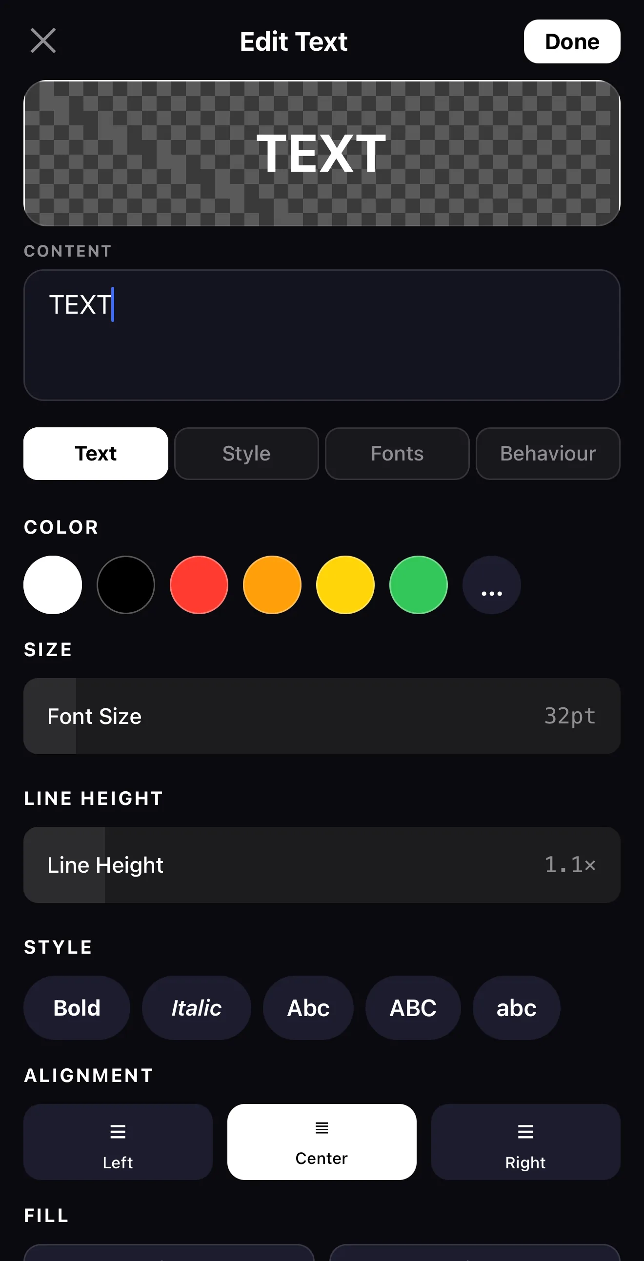 The Edit Text panel in the ExpoCut mobile video editor showing content, color, size and style controls