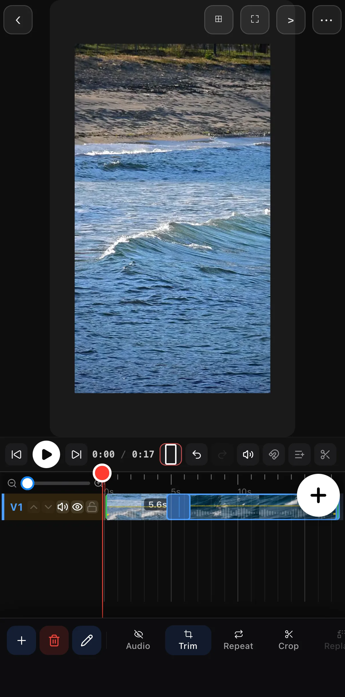 The timeline after Done — the joiner between the two clips is now a blue transition marker