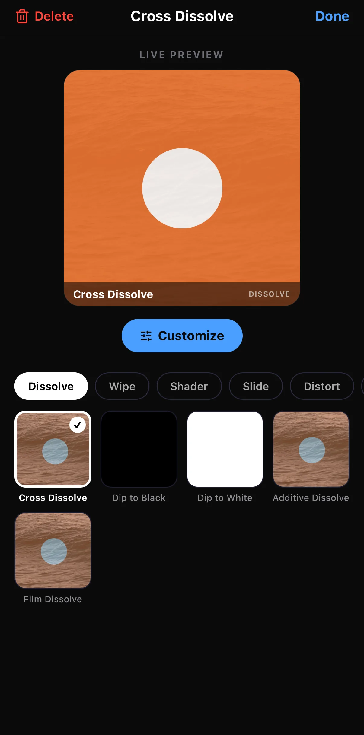 The junction transition editor showing Cross Dissolve with a live preview, a Customize button and the Dissolve family tiles