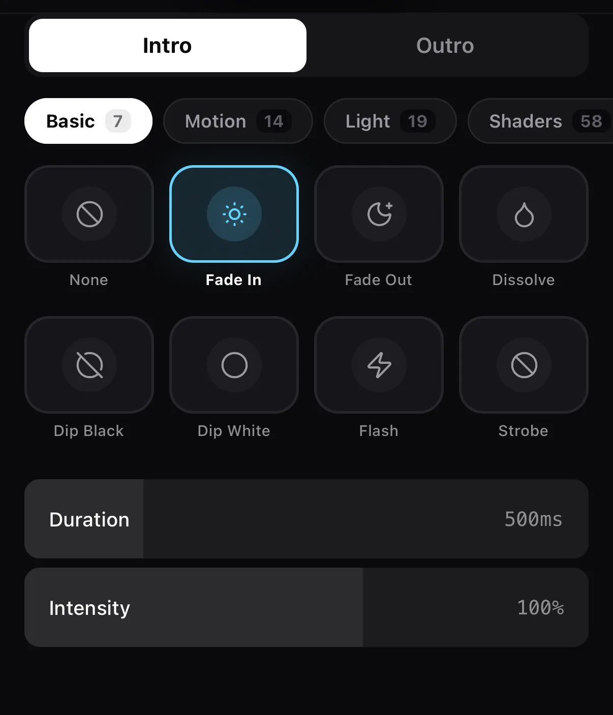 The layer Transitions editor with Intro and Outro tabs, Basic / Motion / Light / Shaders families, a grid of tiles and Duration and Intensity sliders