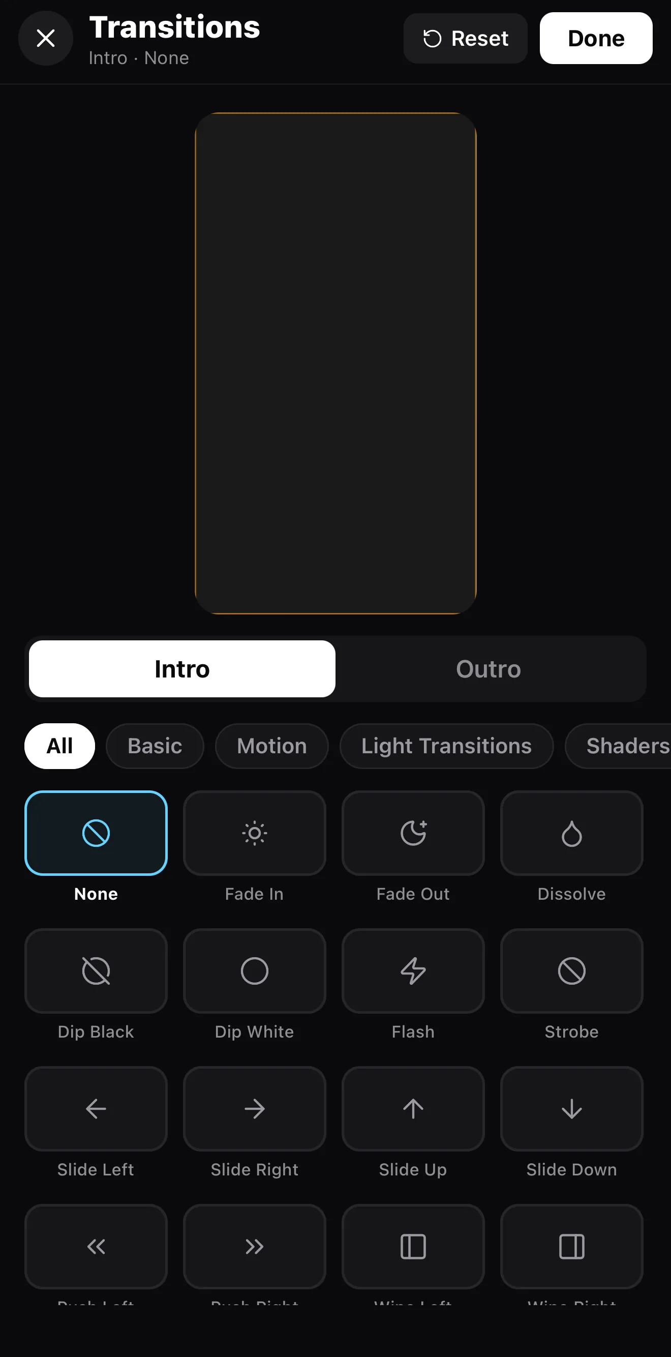 The transitions picker in the ExpoCut mobile video editor with Intro and Outro tabs, category filters and a grid of transitions