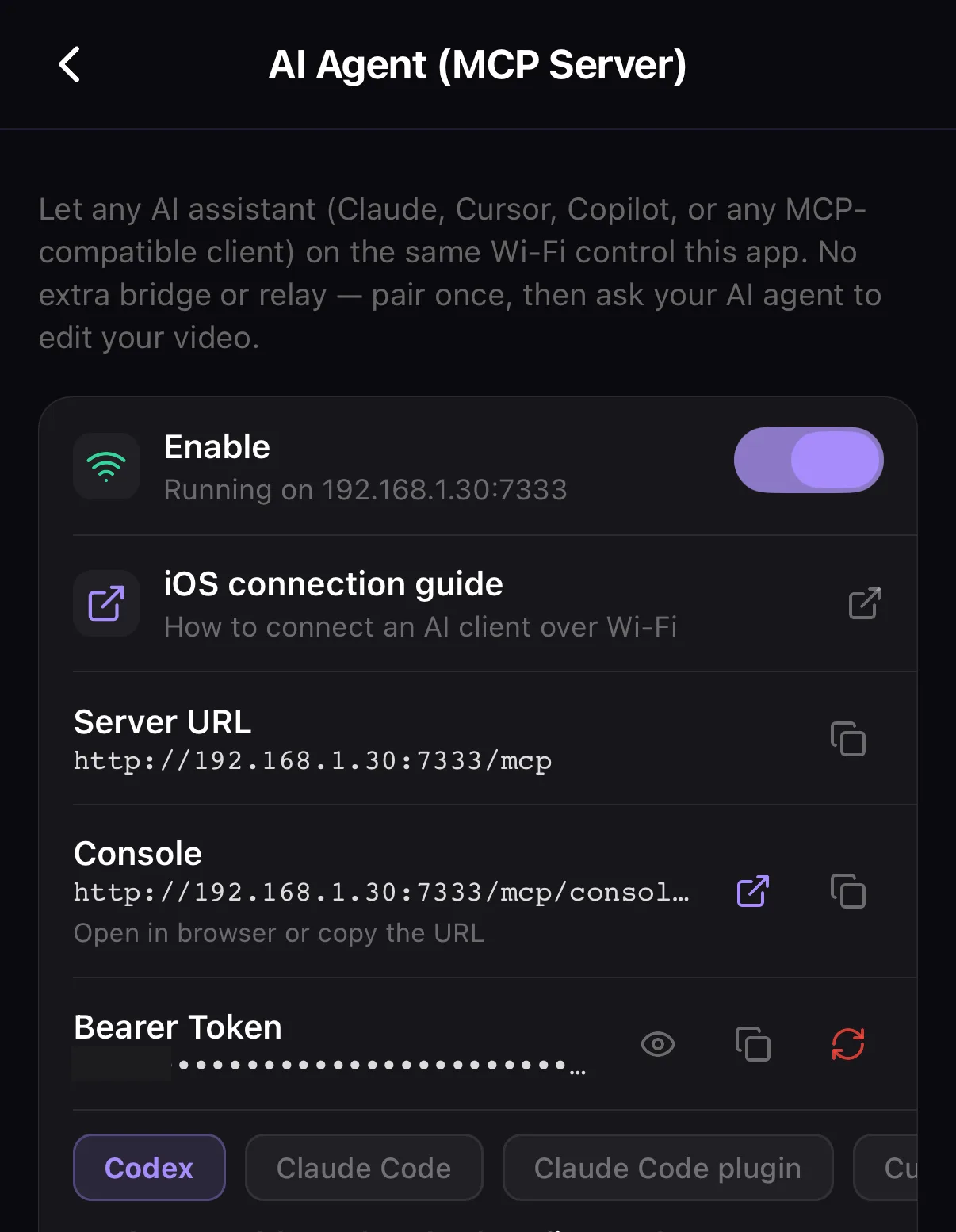 Settings ▸ AI Agent (MCP Server): an Enable switch running on the phone's Wi-Fi address, an iOS connection guide link, the Server URL and Console rows with copy buttons, a masked Bearer Token row, and client tabs Codex, Claude Code, Claude Code plugin.