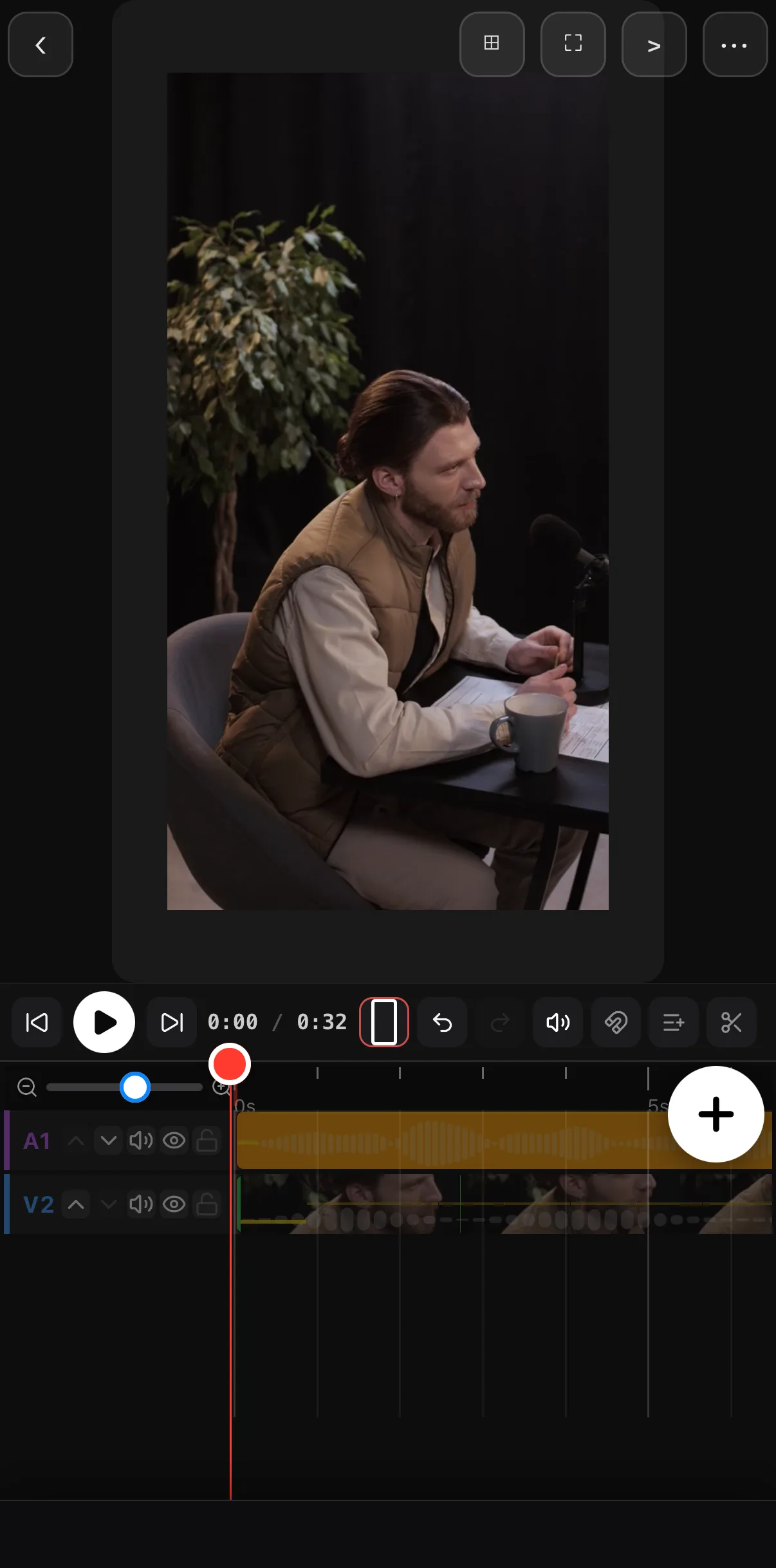 A 10-second voiceover on row A1 above the video on V2; its waveform shows four spoken phrases separated by clear silent gaps.
