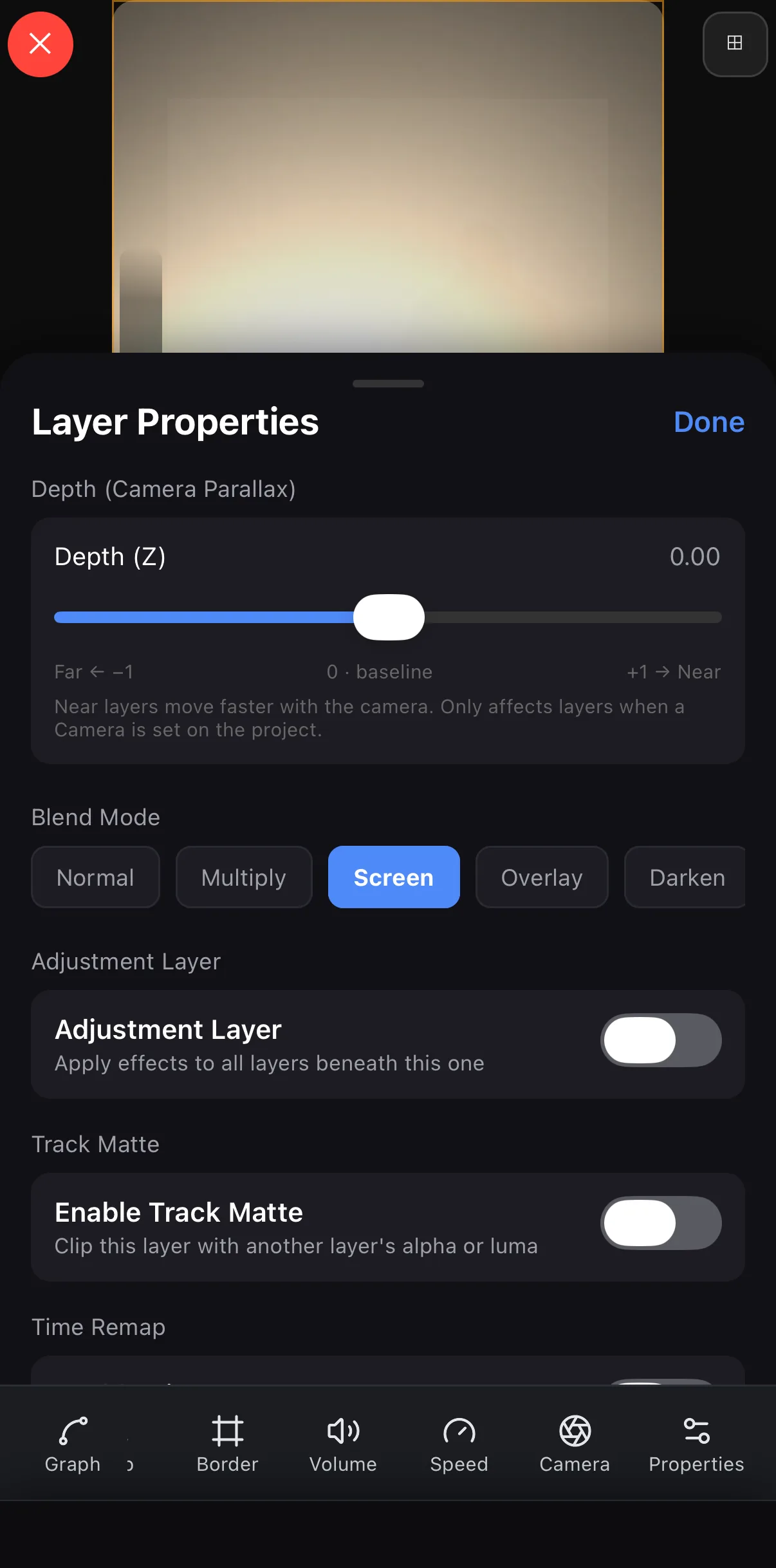 The Layer Properties sheet for the light-leak layer: Depth (Z) slider for camera parallax, a Blend Mode row with Normal, Multiply, Screen (selected), Overlay and Darken, then Adjustment Layer and Enable Track Matte switches; the transform toolbar below ends with Properties.