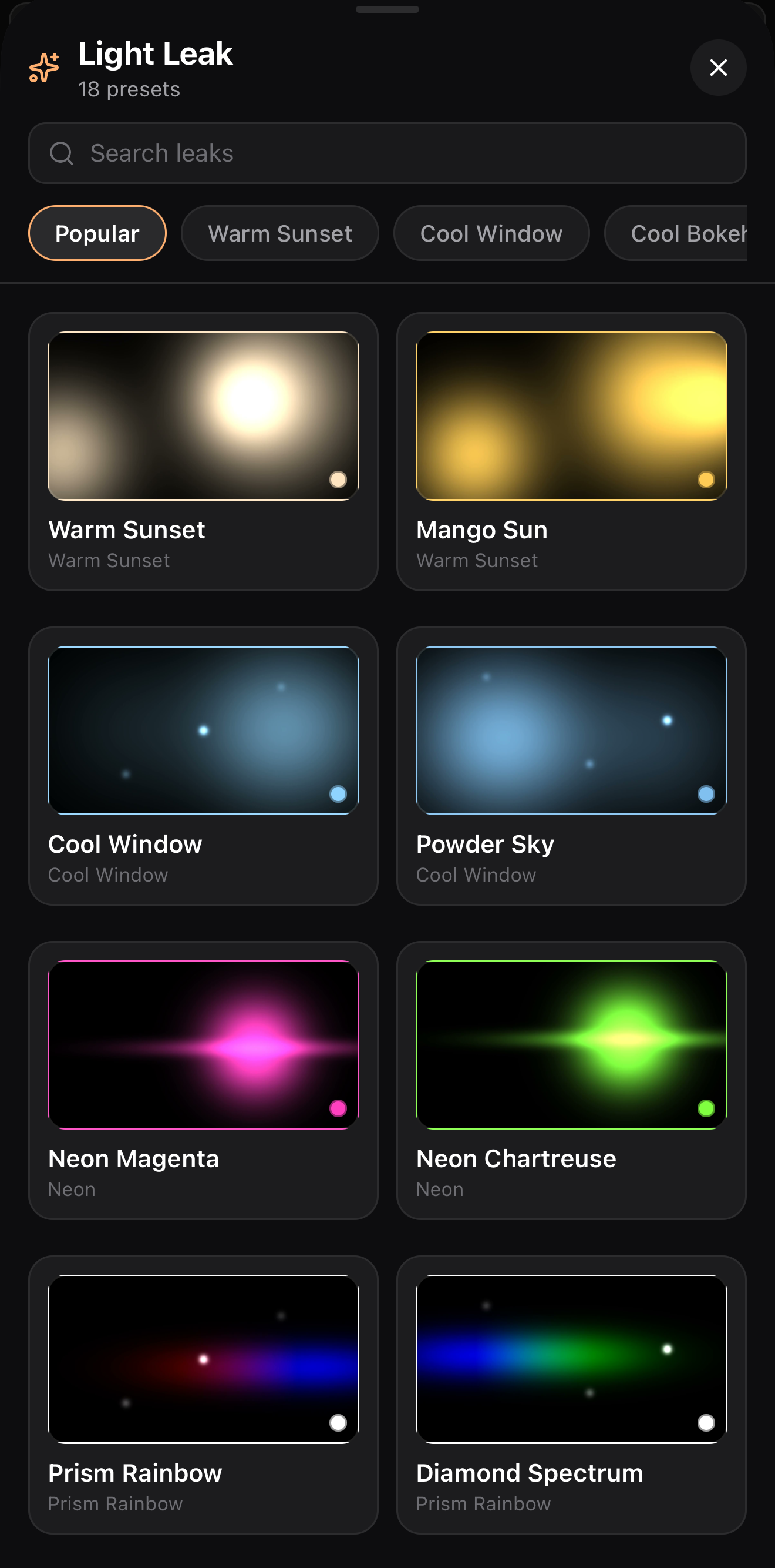 ExpoCut Light Leak library — 18 bright-on-black overlay presets