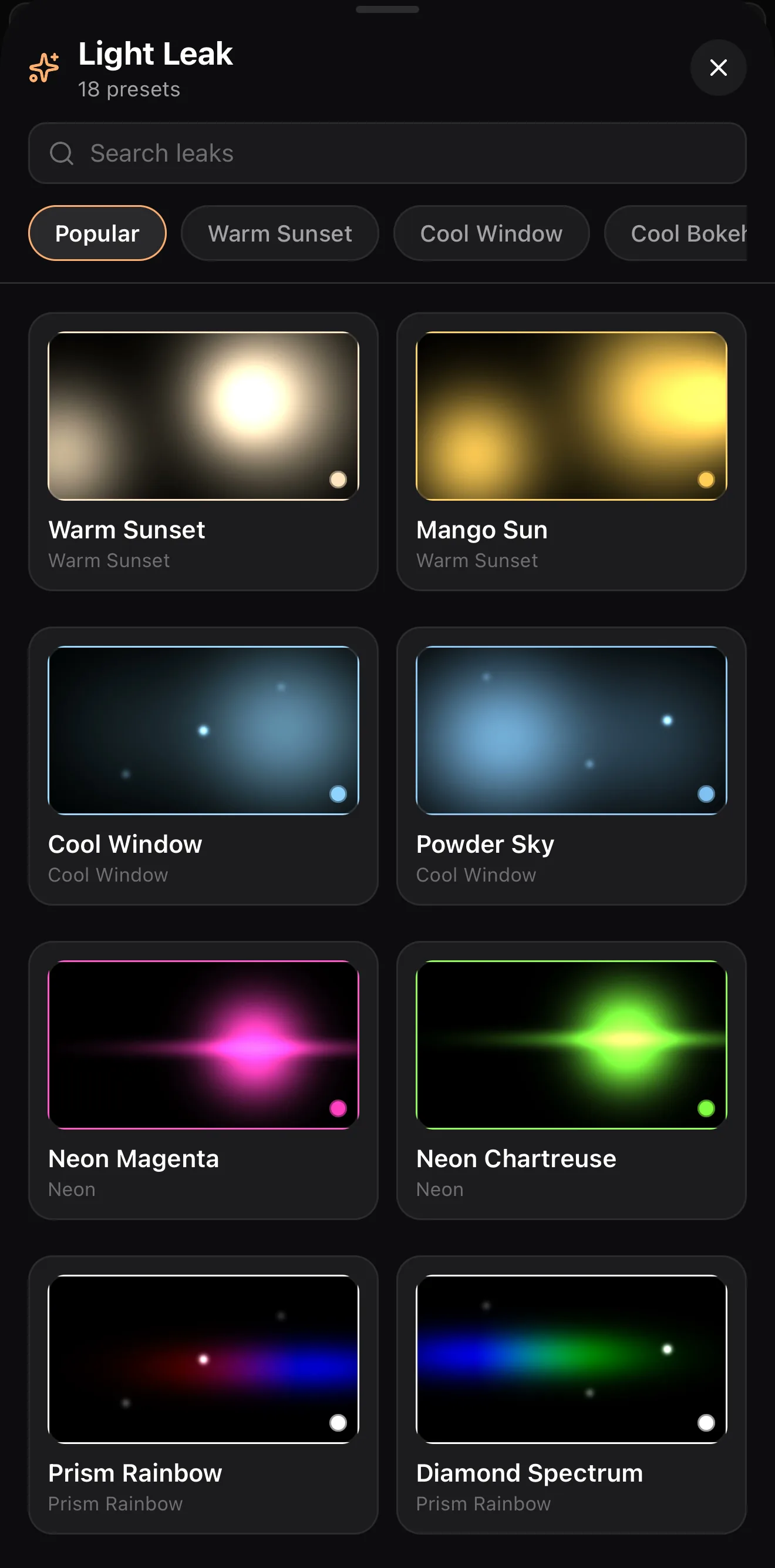 ExpoCut Light Leak library — 18 bright-on-black overlay presets