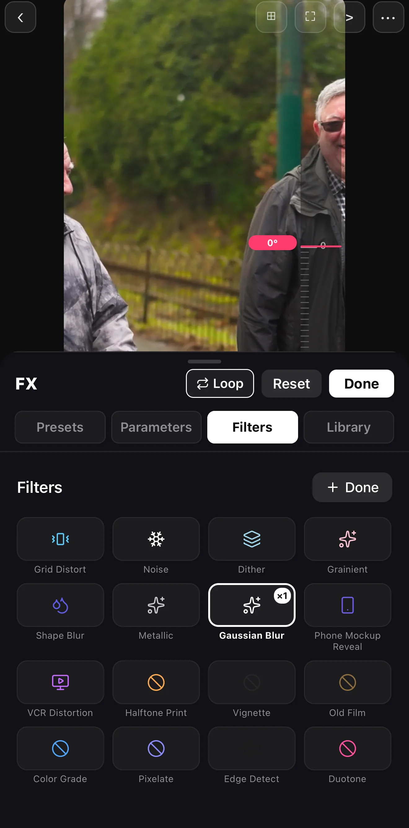 The FX procedural-filter catalog with Gaussian Blur selected, alongside Shape Blur, Pixelate and other filters