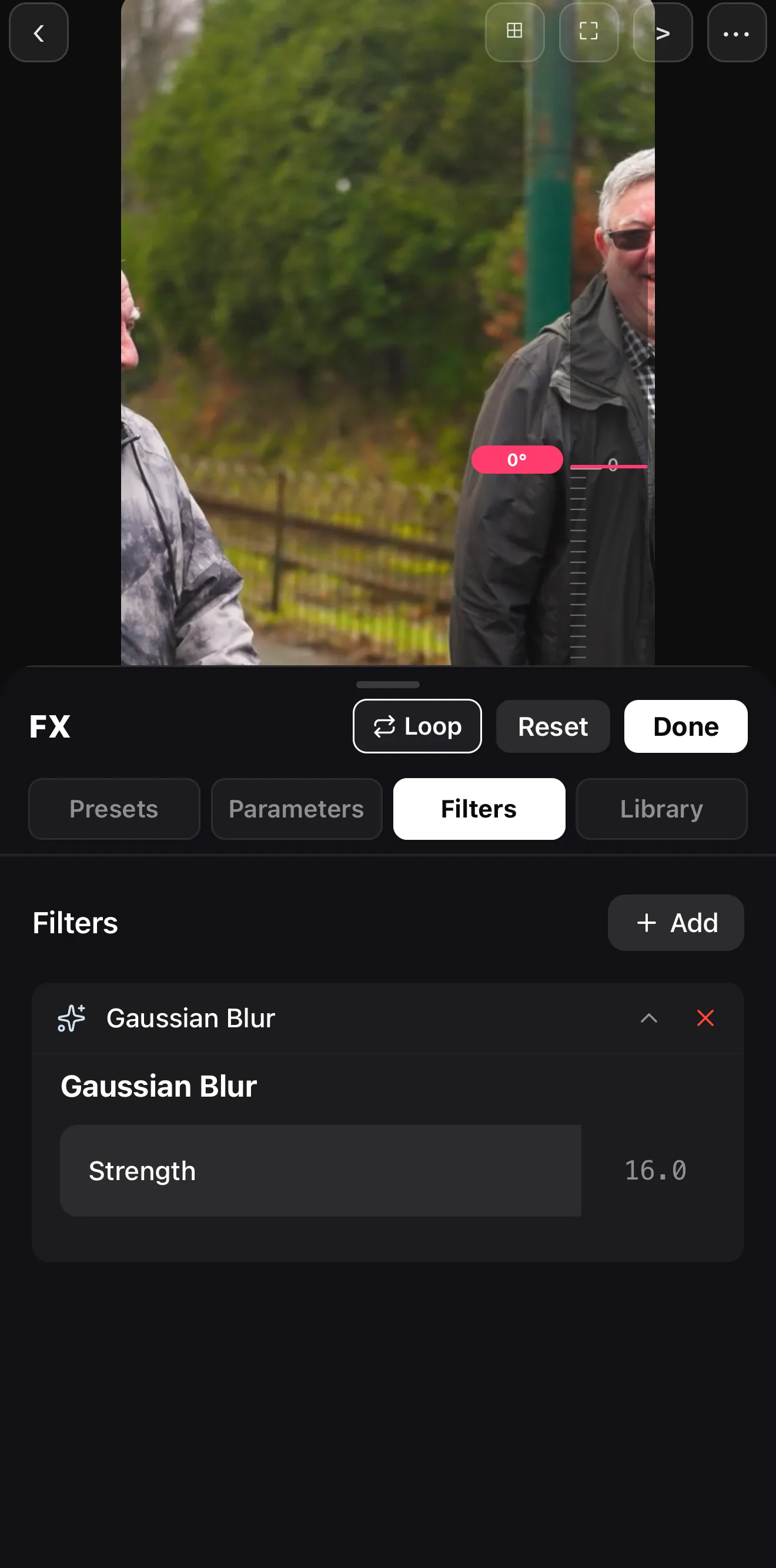 The Gaussian Blur filter expanded with a Strength slider set to 16