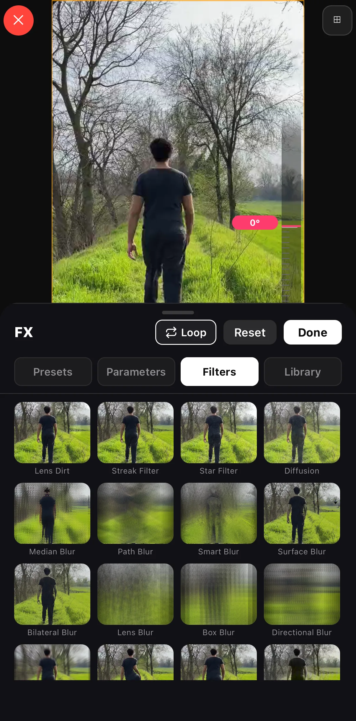 The blur rows of the catalog: Median Blur, Path Blur, Smart Blur, Surface Blur, Bilateral Blur, Lens Blur, Box Blur, Directional Blur