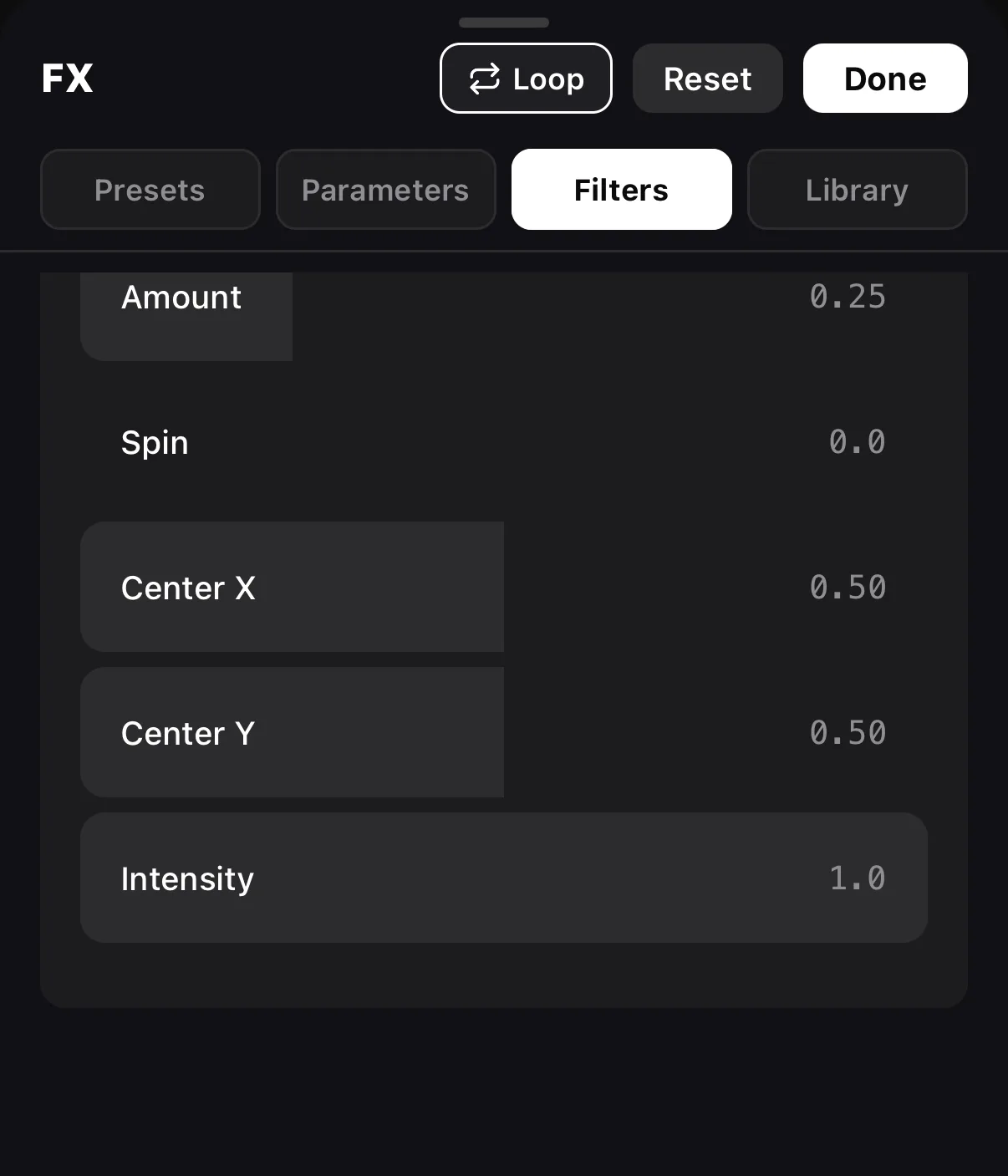 The Filters tab after adding a blur: Amount, Spin, Center X, Center Y and Intensity sliders