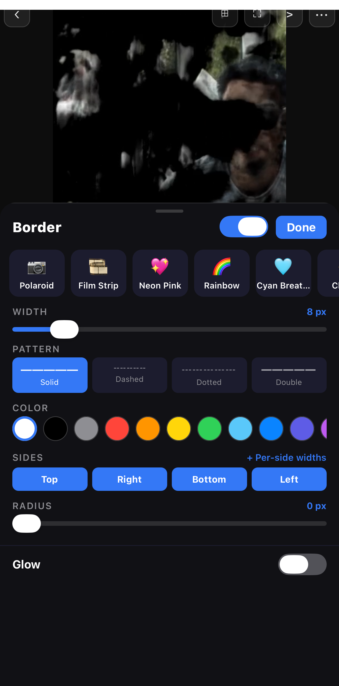 The Border editor with Polaroid, Film Strip, Neon Pink, Rainbow and Cyan preset chips above width, pattern (solid/dashed/dotted/double), color swatches, per-side toggles and radius controls