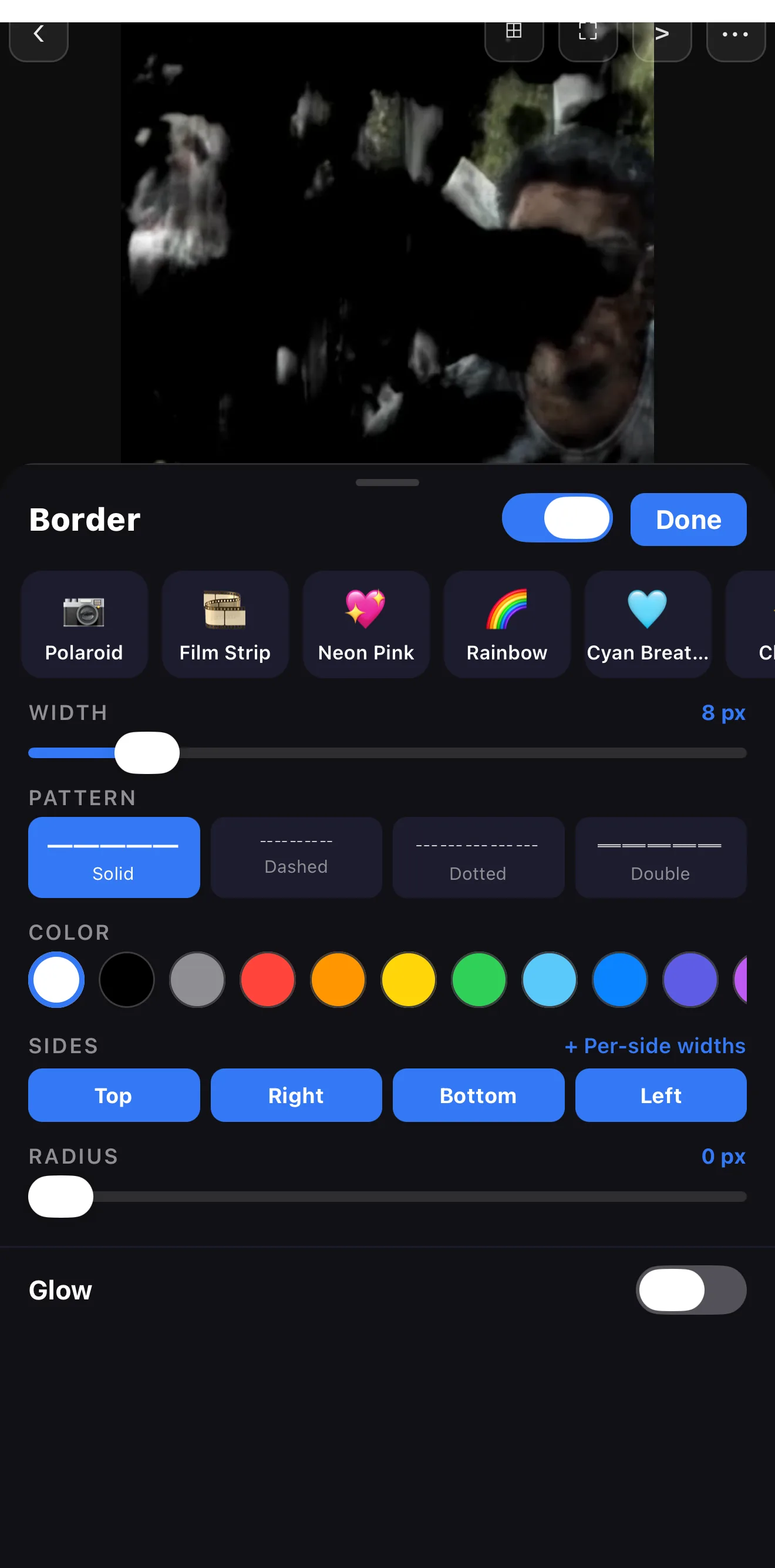 The Border editor with Polaroid, Film Strip, Neon Pink, Rainbow and Cyan preset chips above width, pattern (solid/dashed/dotted/double), color swatches, per-side toggles and radius controls