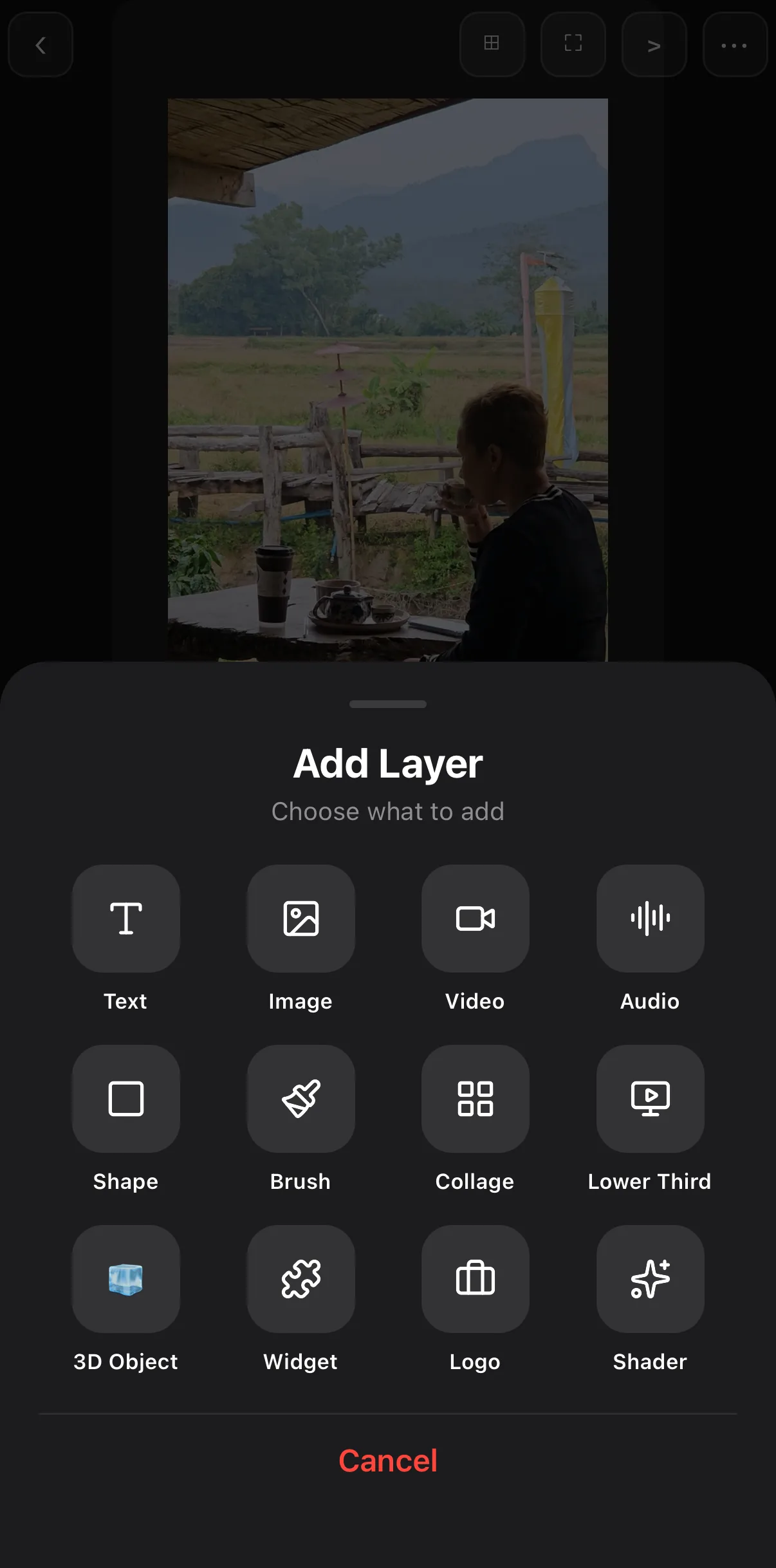 The Add Layer sheet with tiles Text, Image, Video, Audio, Shape, Brush, Collage, Lower Third, 3D Object, Widget, Logo and Shader.