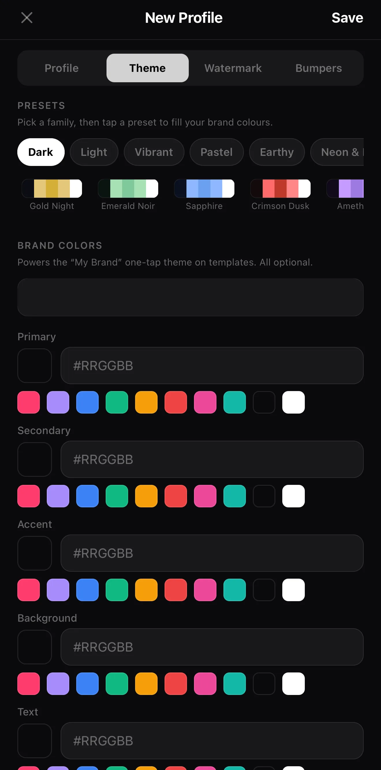 The brand Theme tab: palette family presets and exact hex fields for primary, secondary, accent, background, and text colors.