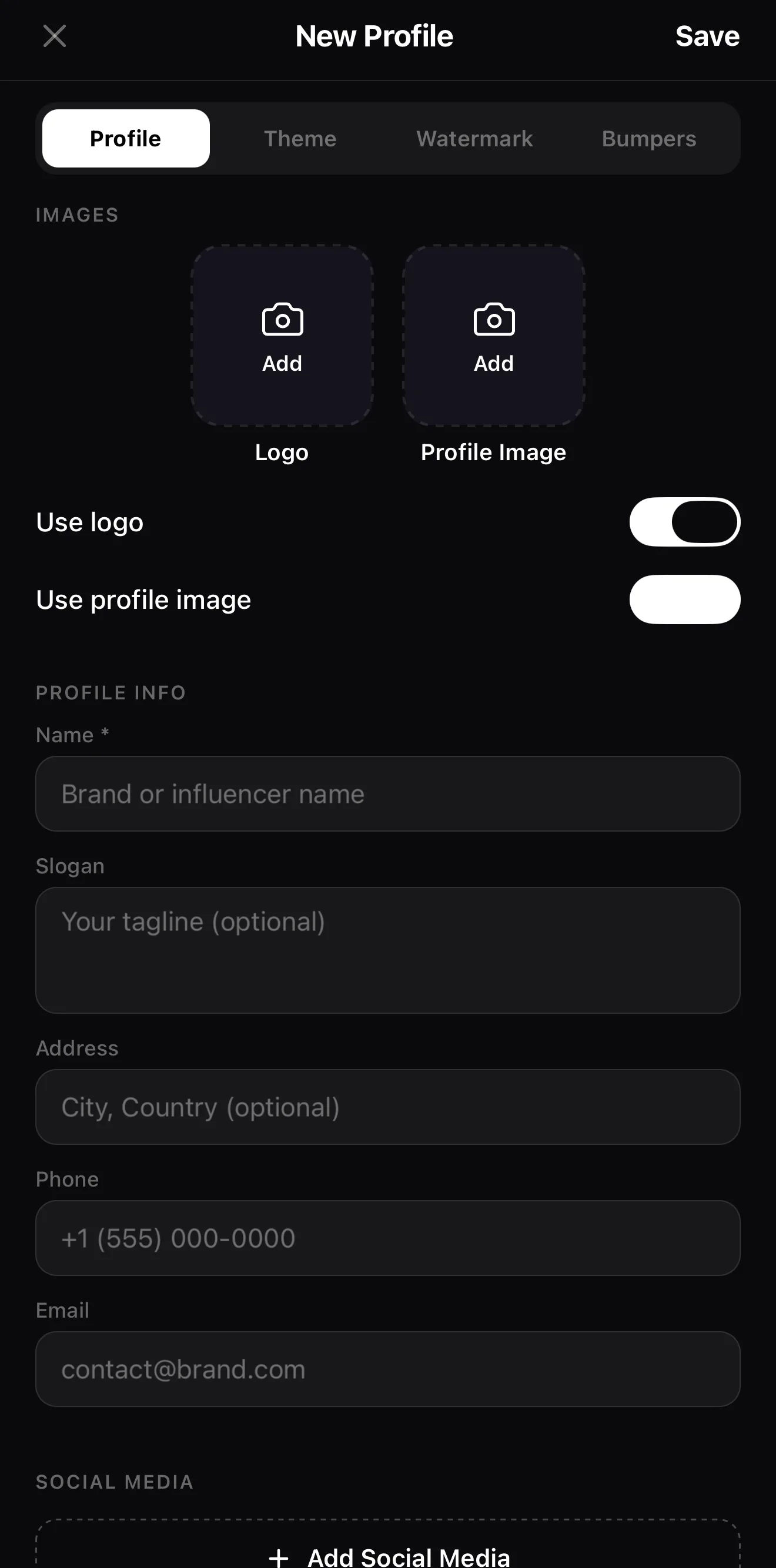 The brand profile editor: add a logo and profile image, then name, slogan, address, phone, email, and social handles.