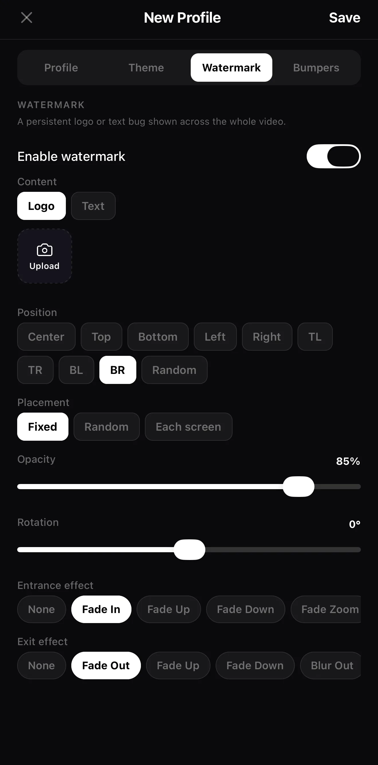 The Watermark tab: enable toggle, Logo/Text content, a position grid with bottom-right selected, placement, opacity, rotation, and entrance/exit effects.