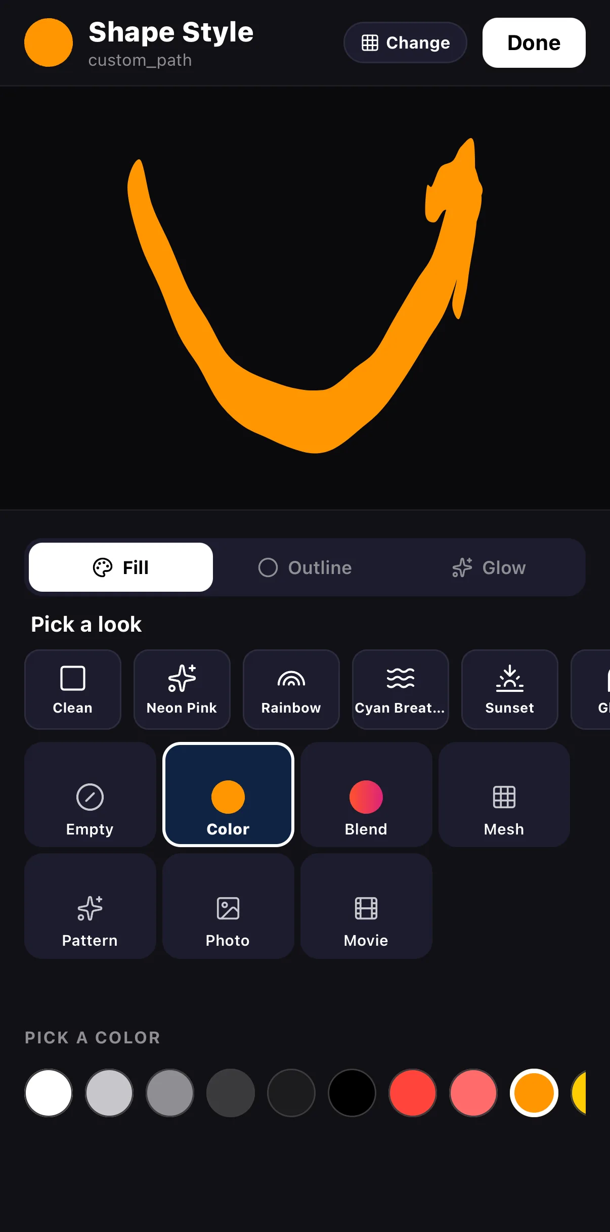 The Shape Style editor for Curve Arrow 1 (custom_path): the arrow drawn large in orange, tabs Fill / Outline / Glow, a Pick a look row (Clean, Neon Pink, Rainbow, Cyan Breathe, Sunset), fill types Empty / Color / Blend / Mesh / Pattern / Photo / Movie, and a colour swatch row.