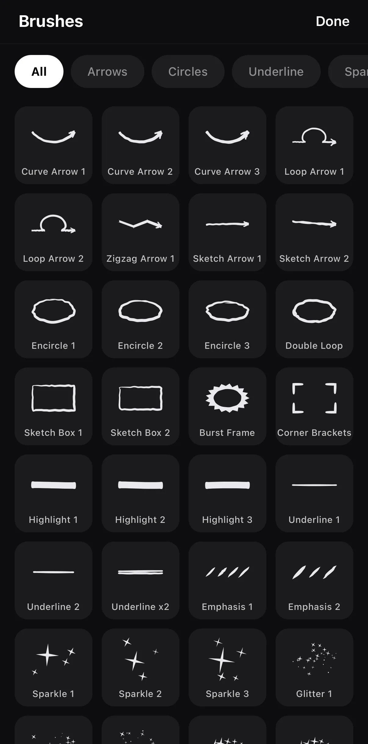 The Brushes catalog with family chips All, Arrows, Circles, Underline, Sparkle and a grid of stroke thumbnails: Curve Arrow 1–3, Loop Arrow 1–2, Zigzag Arrow, Sketch Arrow 1–2, Encircle 1–3, Double Loop, Sketch Box 1–2, Burst Frame, Corner Brackets, Highlight 1–3, Underline 1–2, Underline ×2, Emphasis 1–2, Sparkle 1–3, Glitter 1.