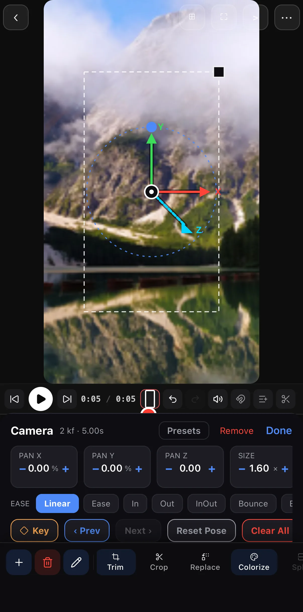 Next › jumped the playhead to 5.00 s: the dashed camera frame is now tighter on the mountain, the gizmo sits inside it, and Size reads 1.60 ×.