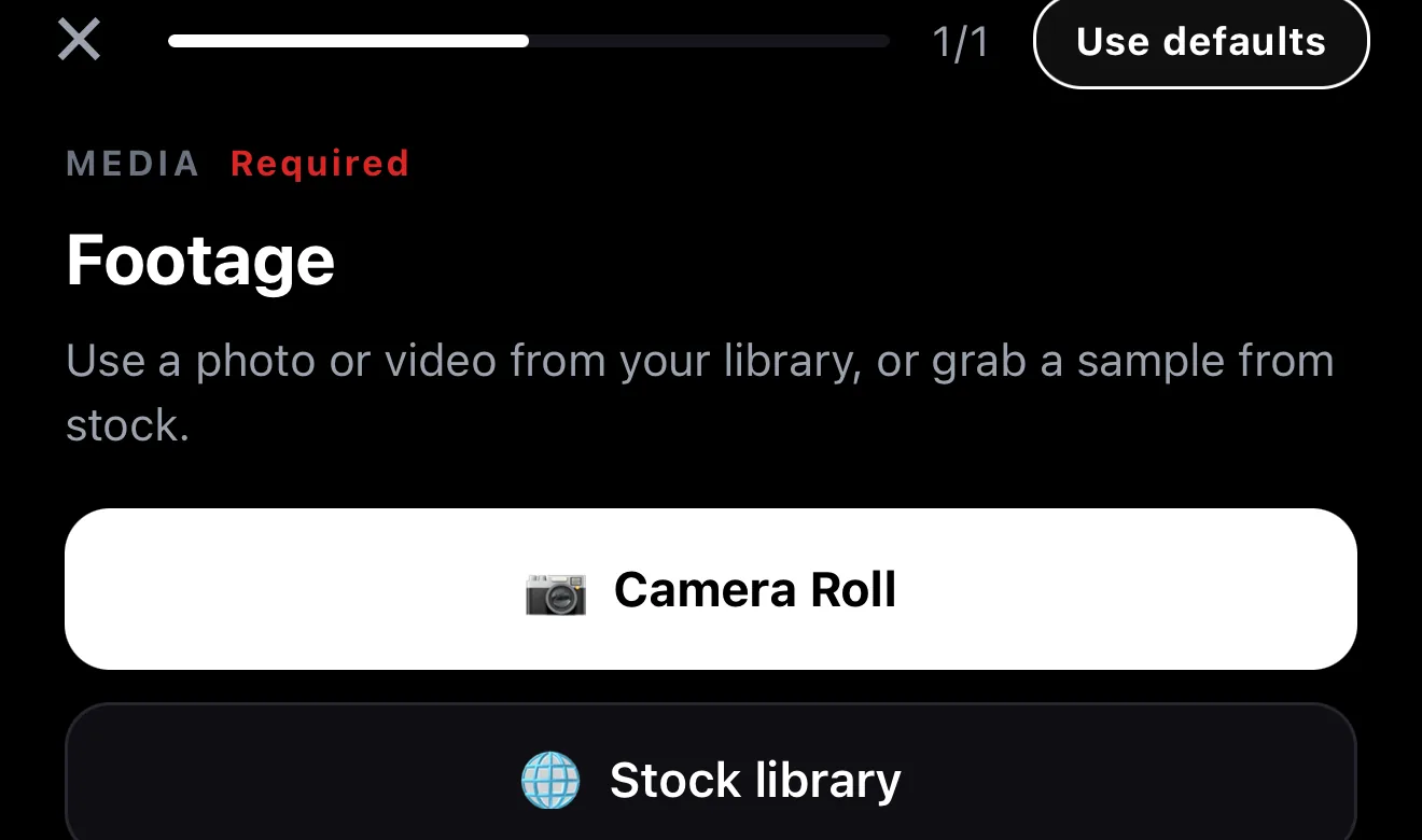 The footage slot step prompting to add a photo or video from the library or stock, to be graded by the imported CDL