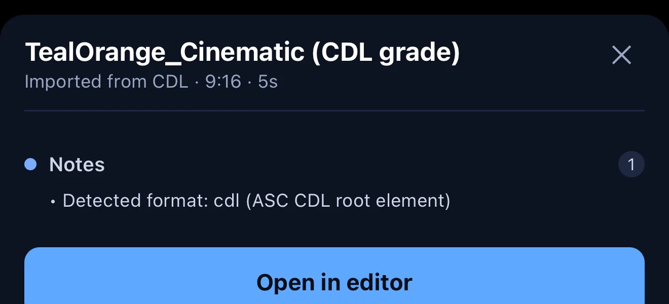 Import report reading TealOrange Cinematic CDL grade, Imported from CDL, with a note Detected format cdl ASC CDL root element