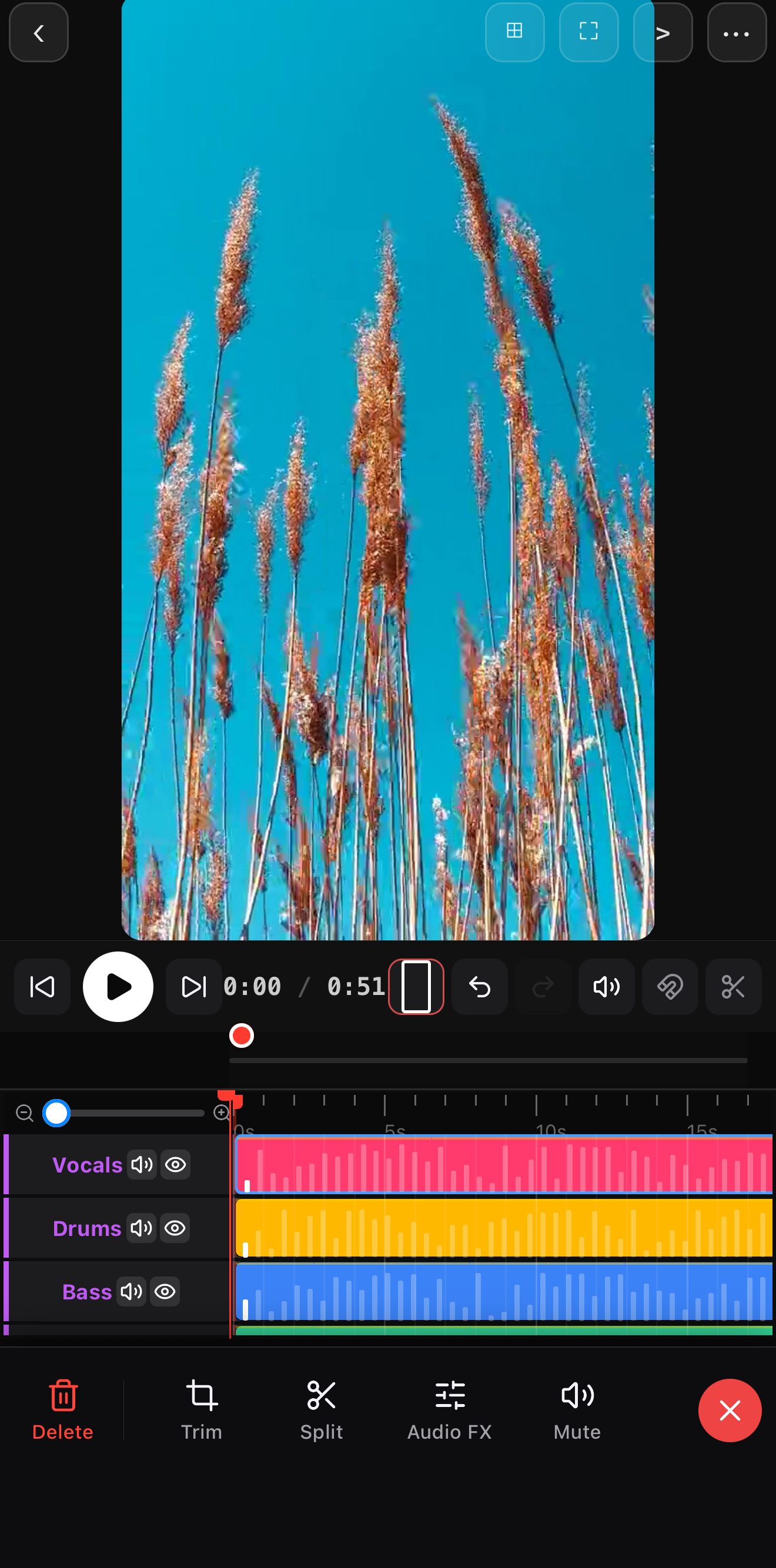 Audio split into Vocals, Drums and Bass stems as separate color-coded tracks, with an Audio FX button in the toolbar