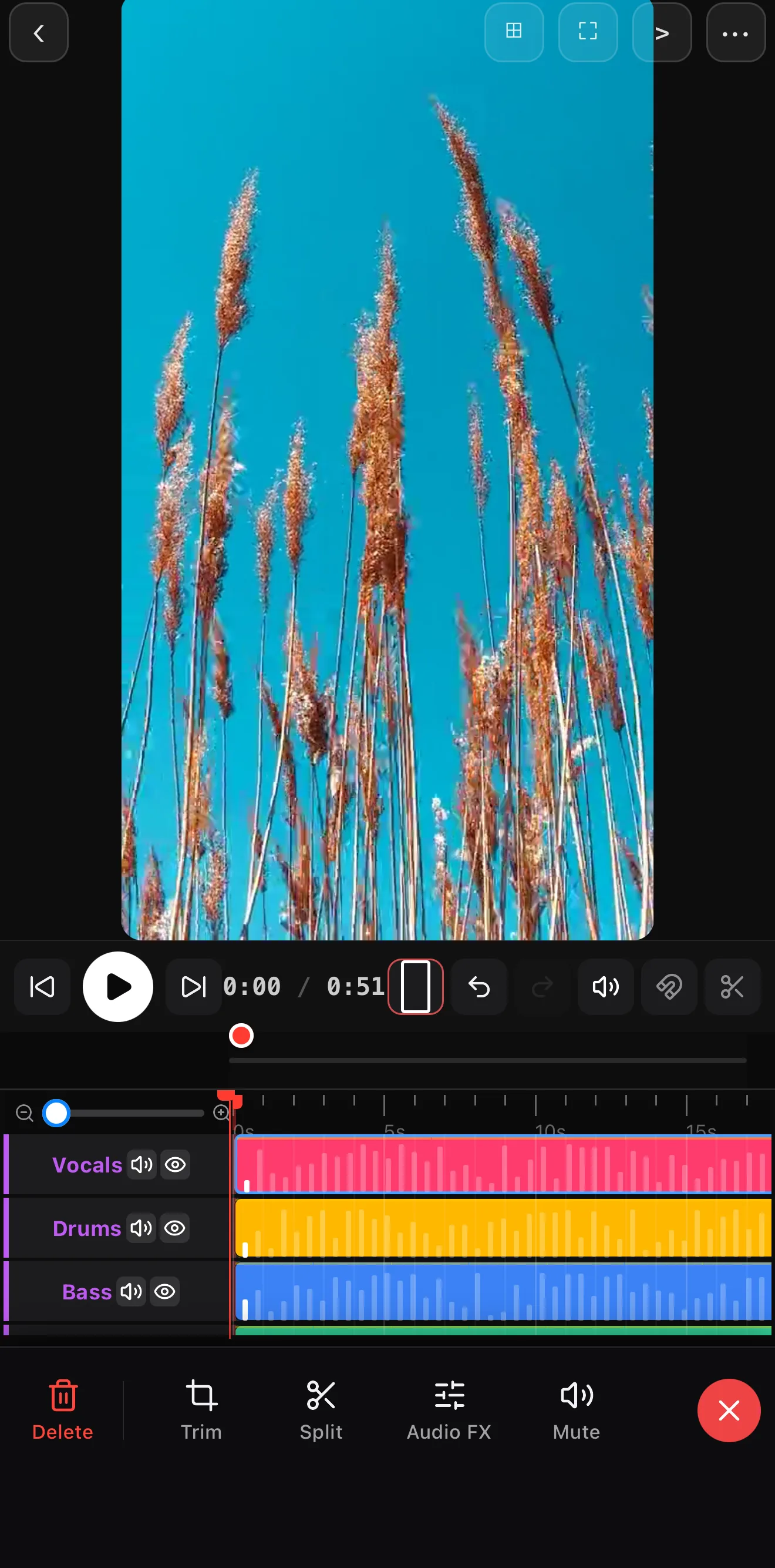 Audio split into Vocals, Drums and Bass stems as separate color-coded tracks, with an Audio FX button in the toolbar