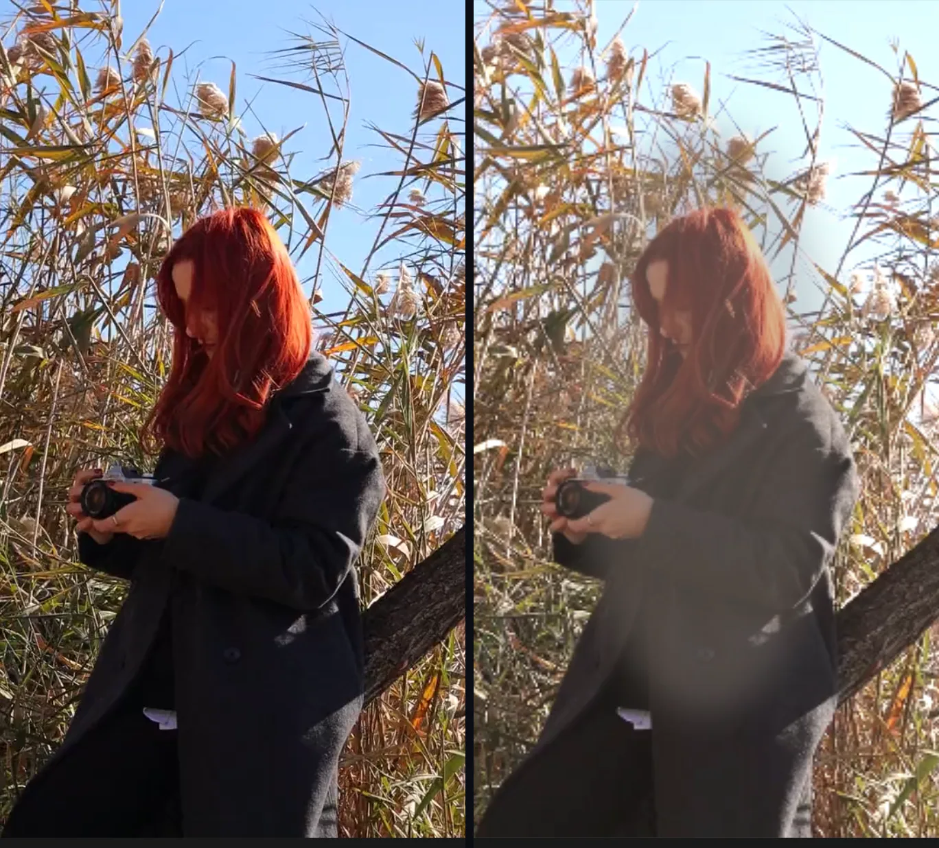 Left: the raw portrait with a bright blue sky and saturated reeds. Right: the same frame graded — Teal & Orange at 61%, the Faded Color Grade with warmer temperature, and a radial light region over the subject.